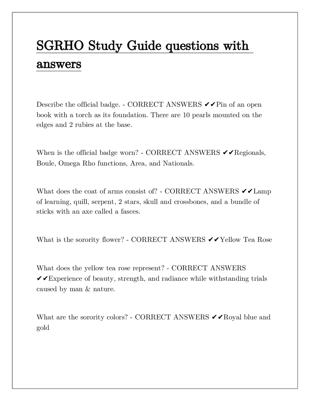 SGRHO Study Guide questions with answers | Exams Nursing | Docsity