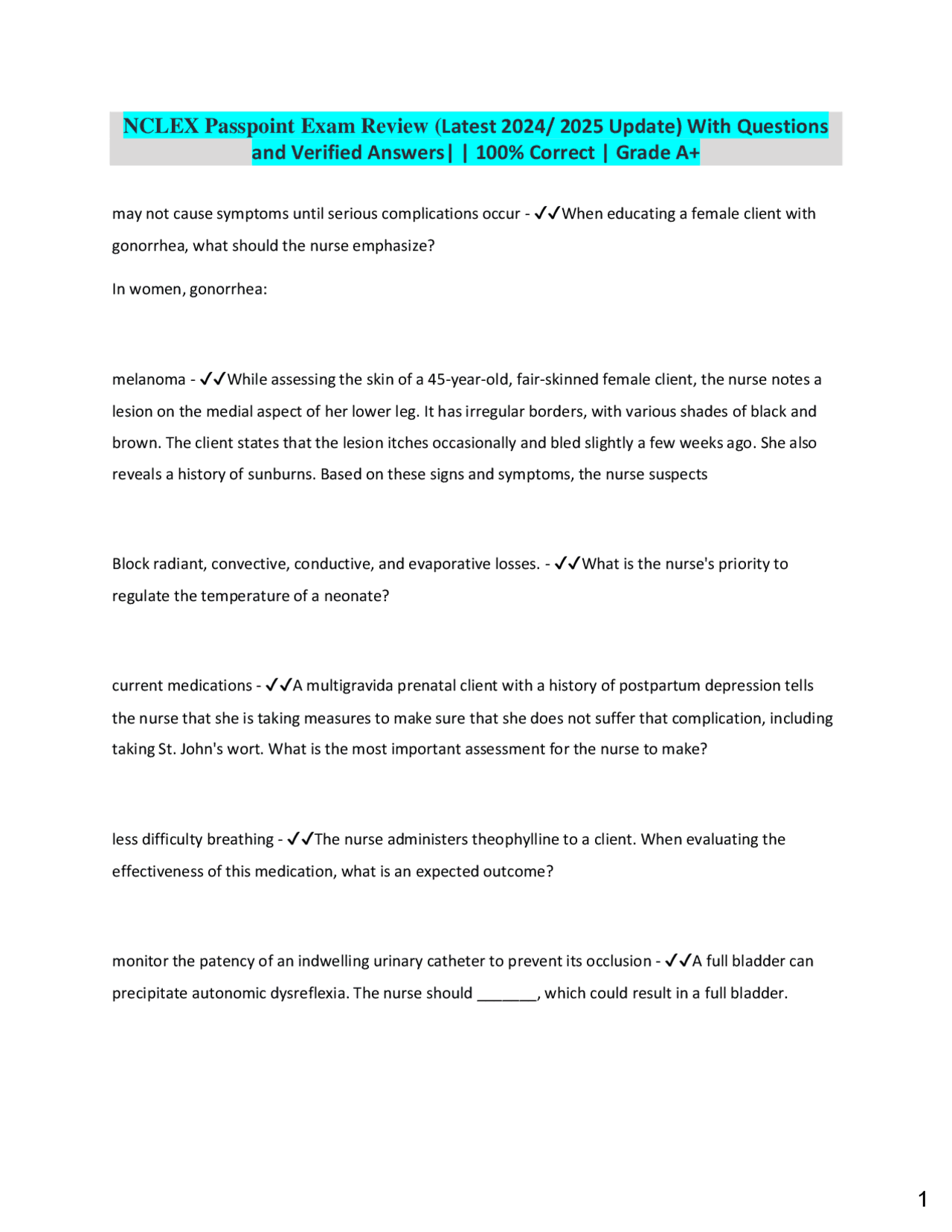 NCLEX Passpoint Exam Review (Latest 2024/ 2025 Update) With Questions ...