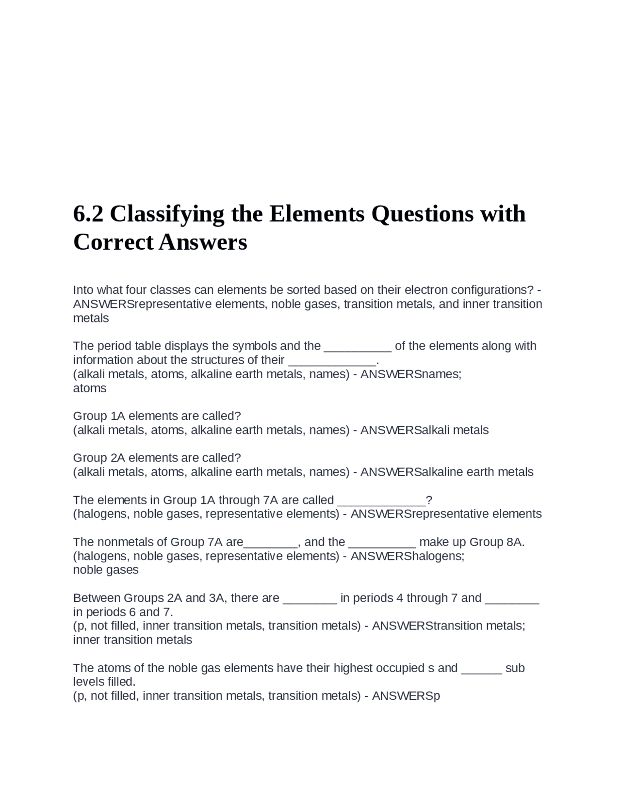 6.2 Classifying the Elements Questions with Correct An | Exams Nursing ...