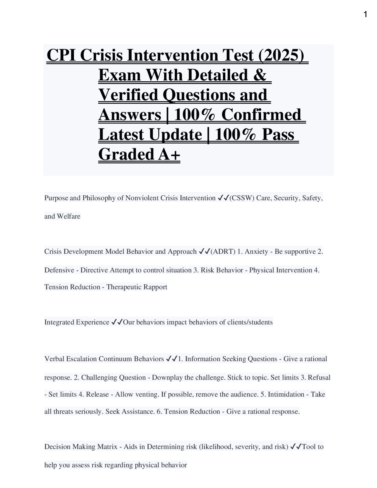 CPI Crisis Intervention Test (2025) Exam With Detailed & Verified ...