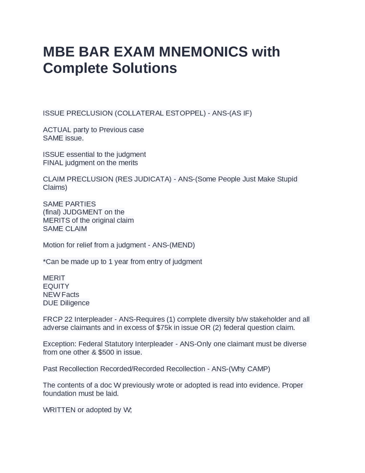 Bar Questions MBE BAR EXAM MNEMONICS with Complete Solutions | Exams Advanced ...
