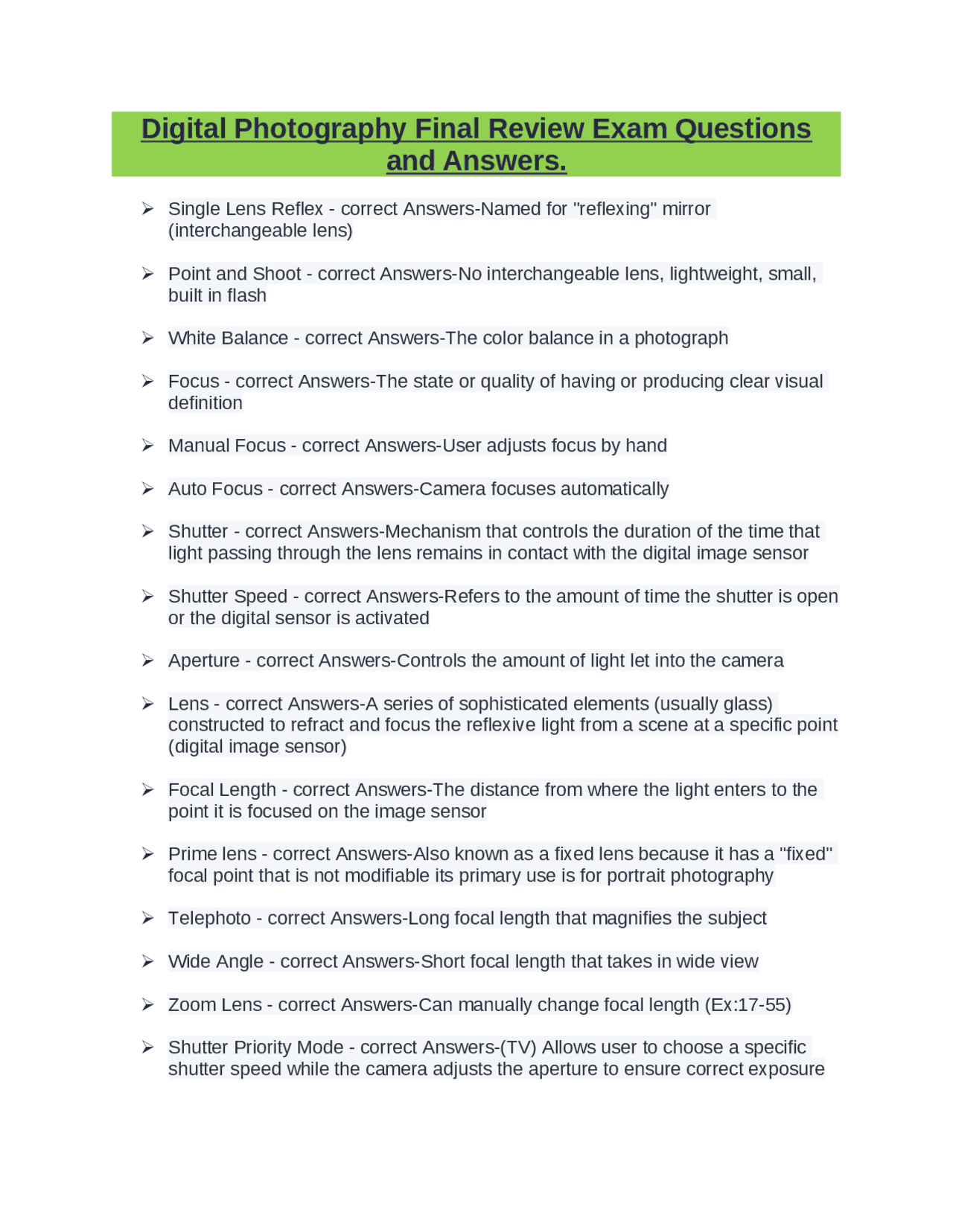 Digital Photography Final Review Exam Questions And Answers. Exams 