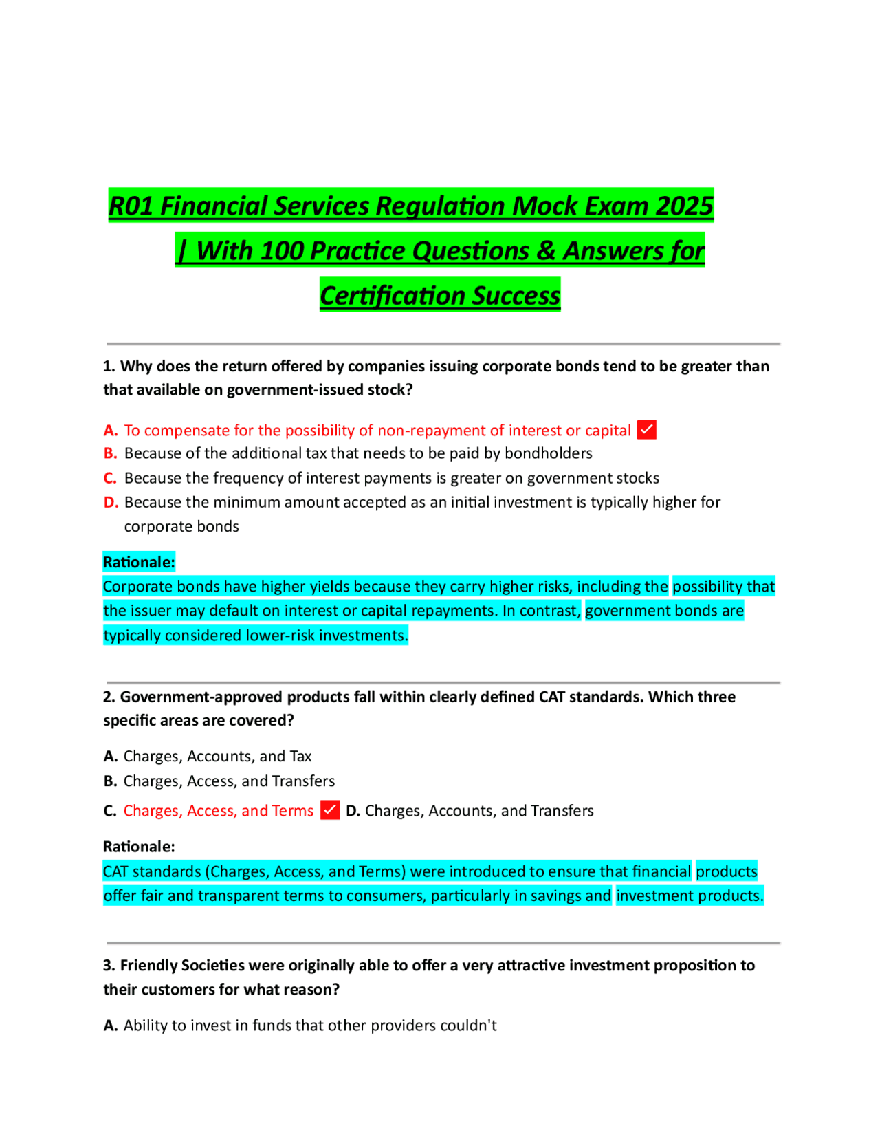 Example Questions For R01 Exam Financial Services Regulation R01 Mock Exam 2025 | Exams Finance | Docsity