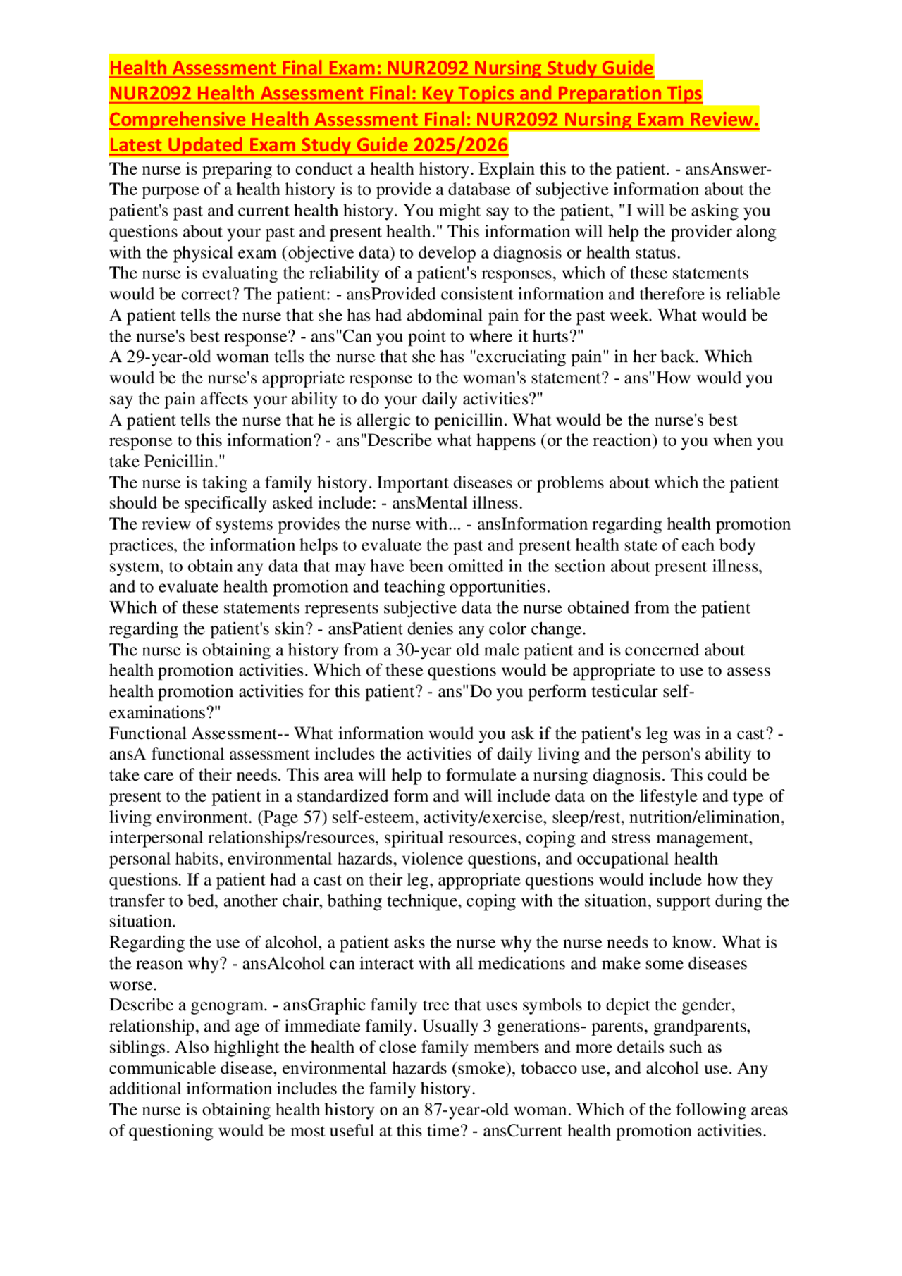 Health Assessment Final Exam: NUR2092 Nursing Study Guide NUR2092 ...