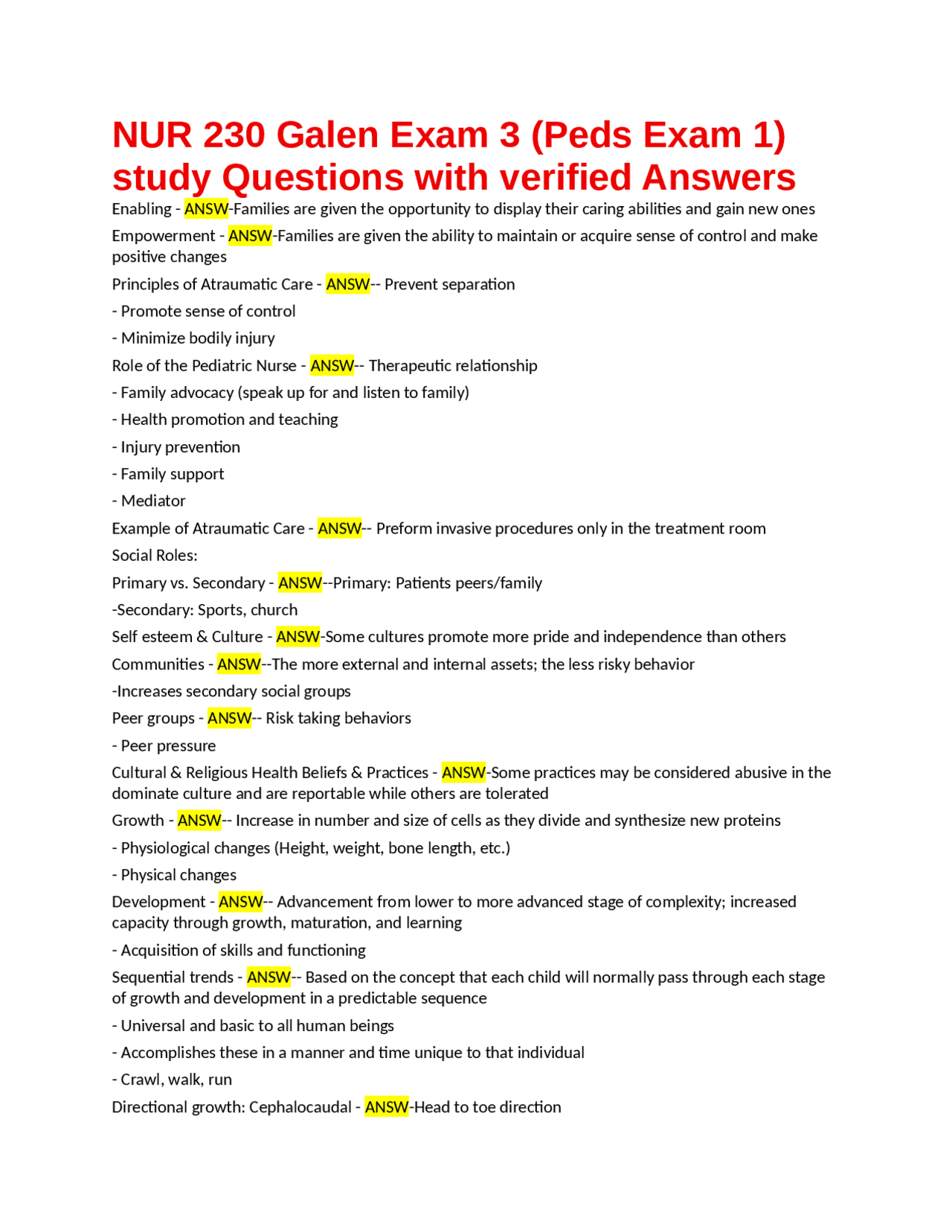 NUR 230 Galen Exam 3 (Peds Exam 1) study Questions with verified ...