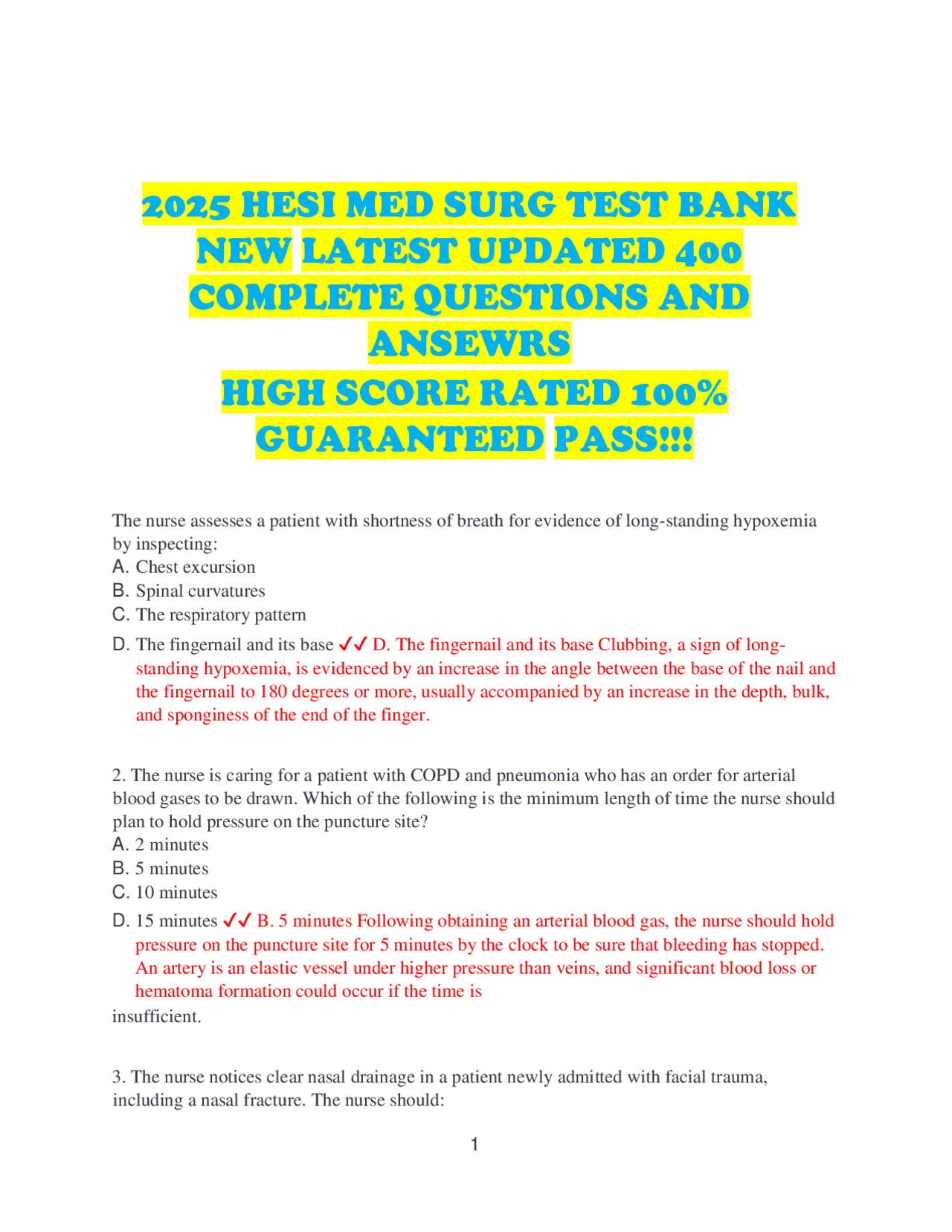 2025 HESI MED SURG TEST BANK NEW LATEST UPDATED 400 COMPLETE QUESTIONS ...