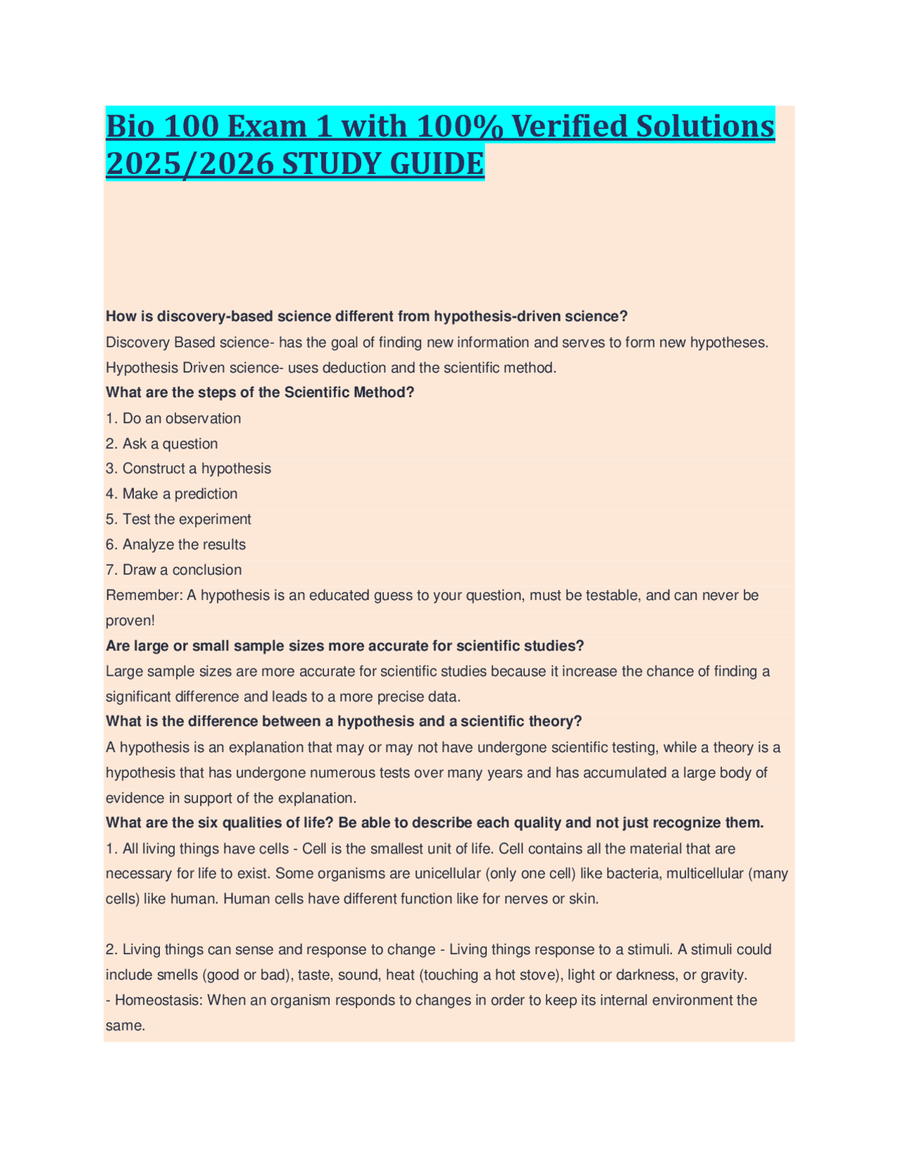 Bio 100 Exam 1 Study Guide: Verified Solutions | Exams Biology | Docsity