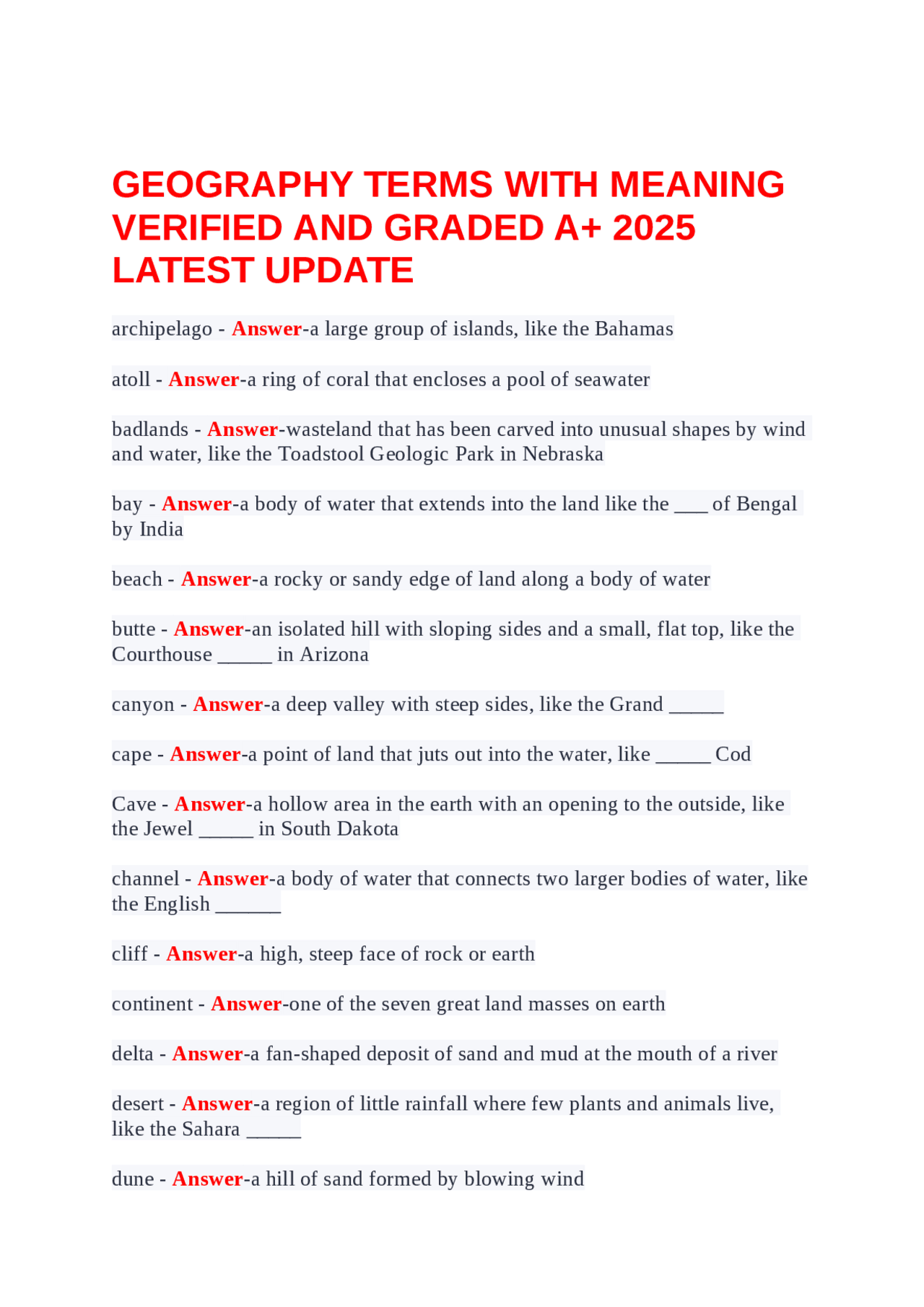 GEOGRAPHY TERMS WITH MEANING VERIFIED AND GRADED A+ 2025 LATEST UPDATE ...