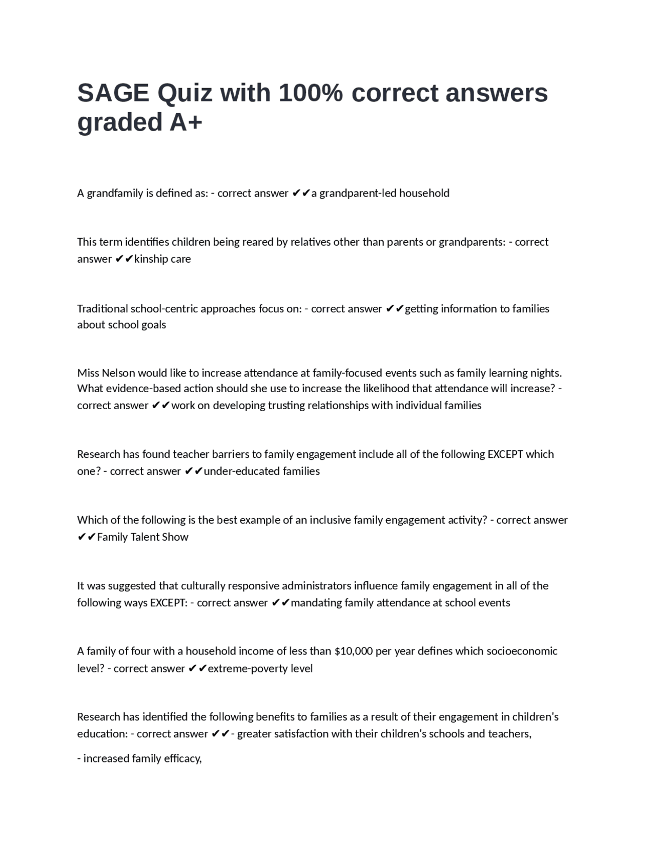 SAGE Quiz with 100% correct answers graded A+ | Exams Nursing | Docsity