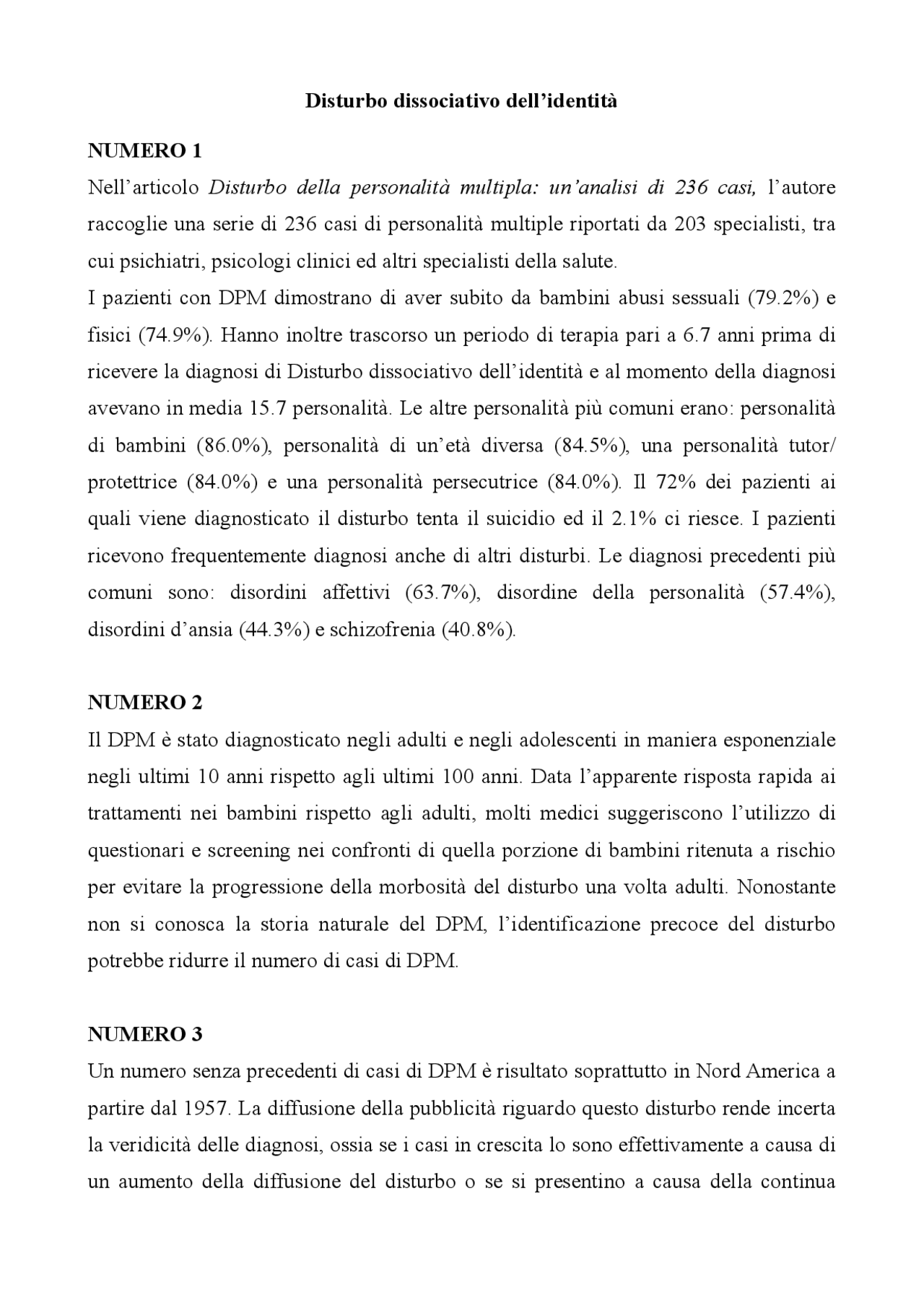 Spiegazione di Articoli da Dispense sul Disturbo Dissociativo dell ...