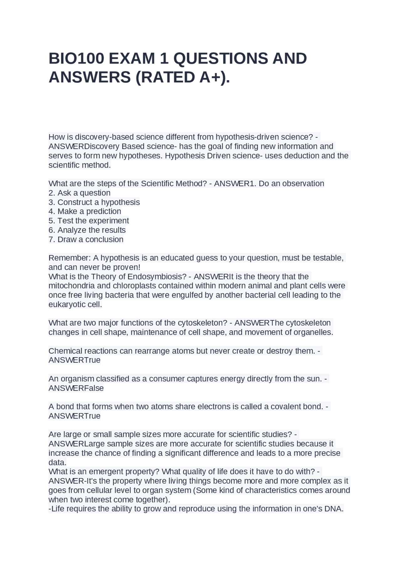 BIO100 EXAM 1 QUESTIONS AND ANSWERS (RATED A+). | Exams Biology | Docsity