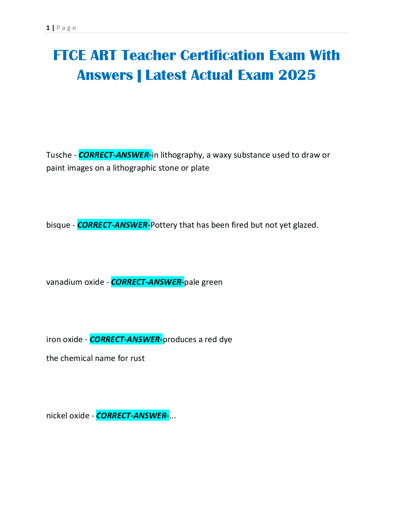 FTCE ART Teacher Certification Exam With Answers Latest Actual Exam