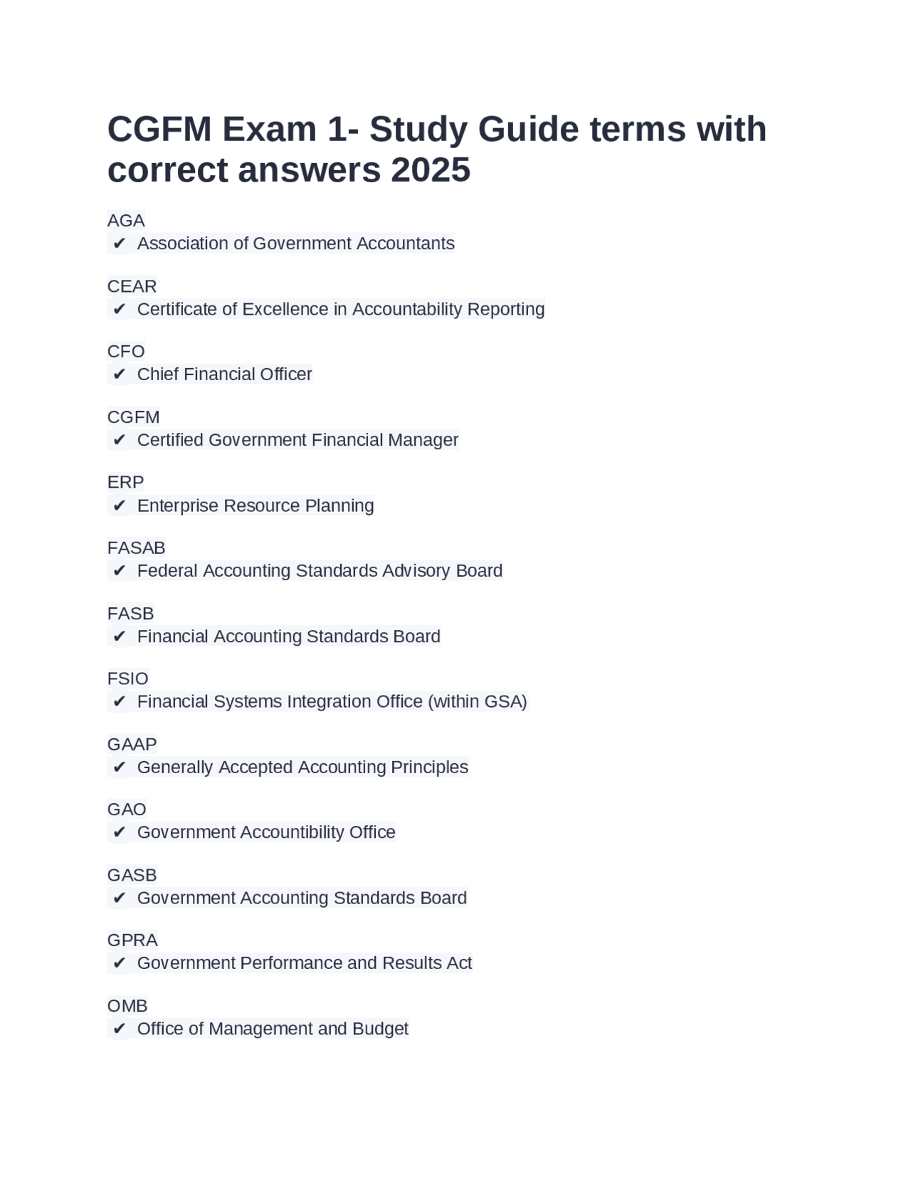 CGFM Exam 1 Study Guide terms with correct answers 2025