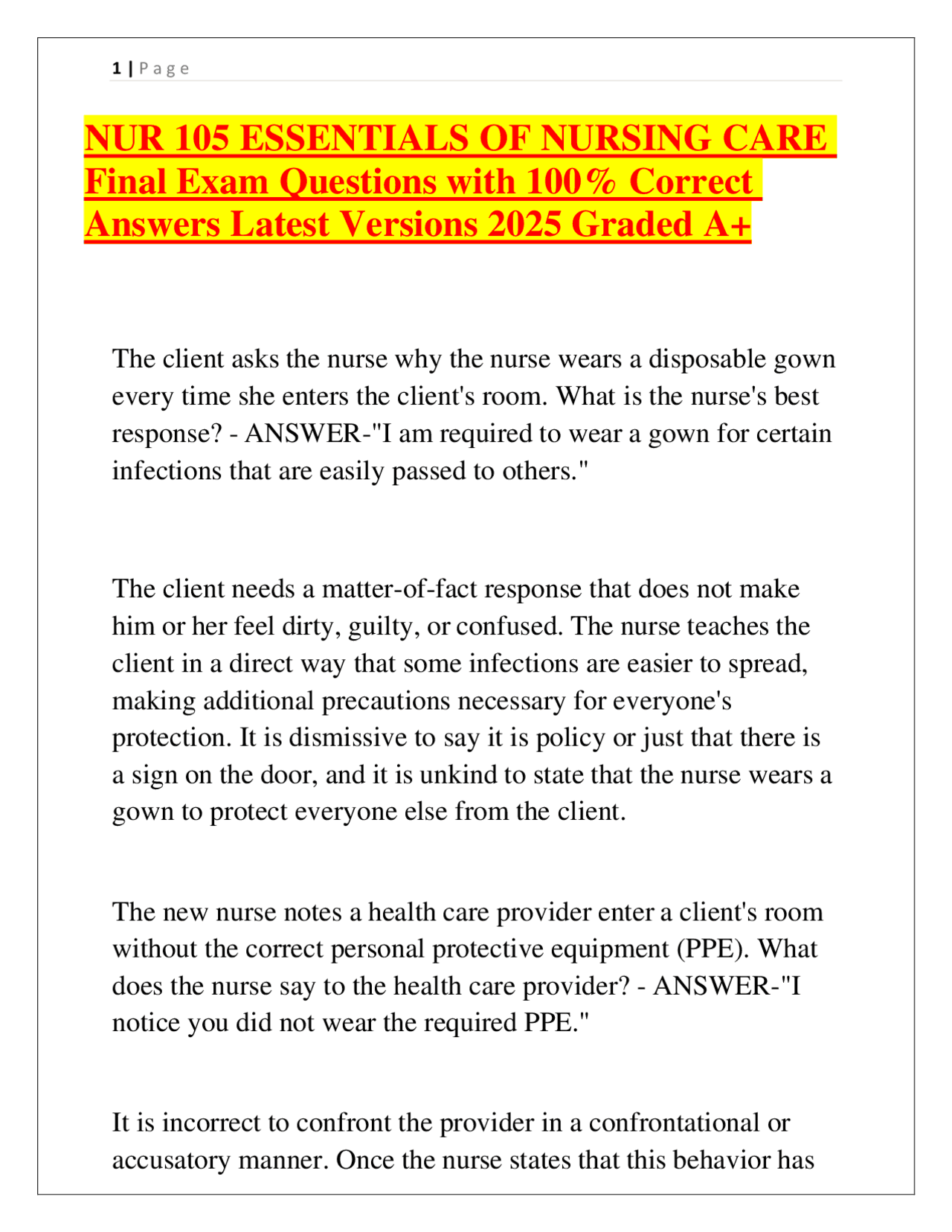 NUR 105 ESSENTIALS OF NURSING CARE Final Exam Questions with 100% ...