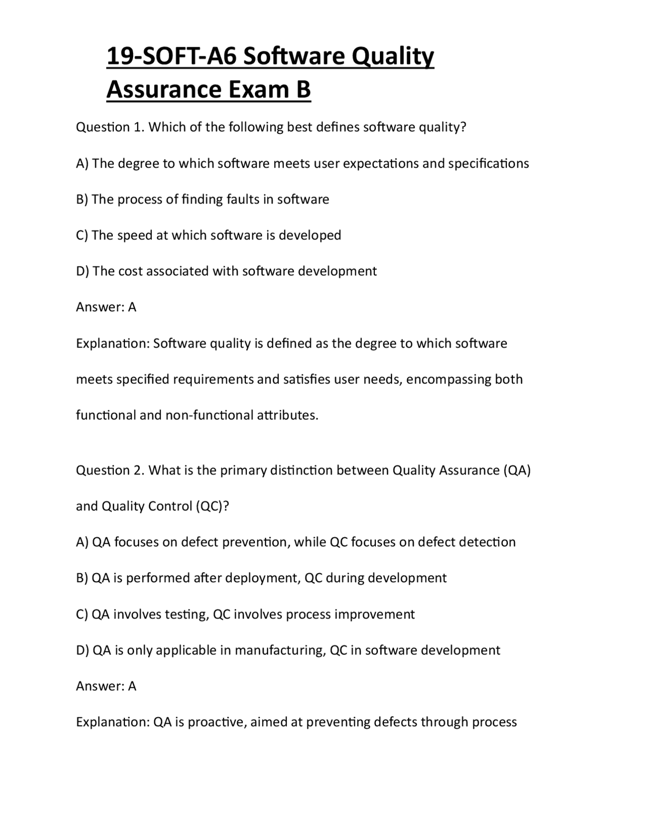 19-SOFT-A6 Software Quality Assurance Exam B | Exams Technology | Docsity