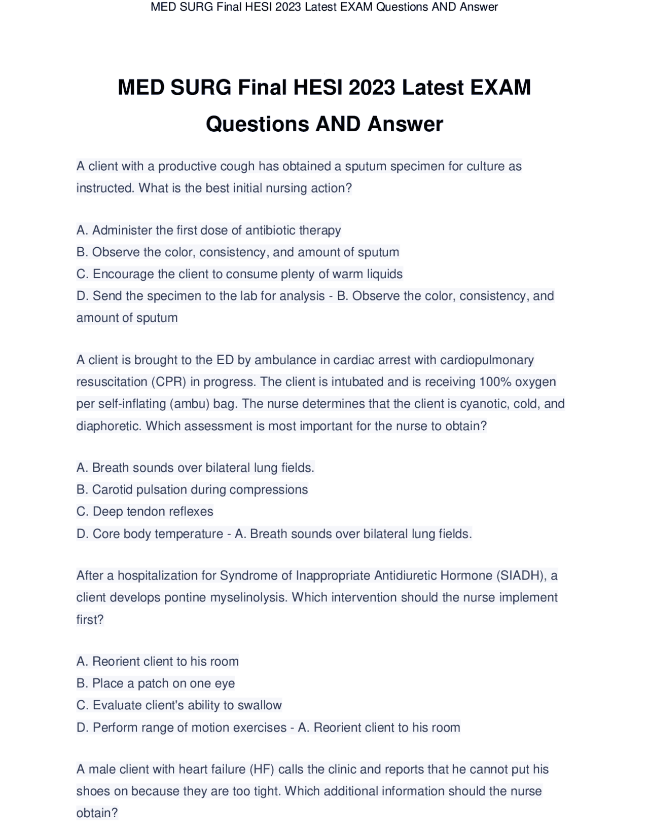 HESI MED SURG FINAL EXAM REVIEW ACTUAL 200+Qs&As LATEST UPDATE HESI MED ...