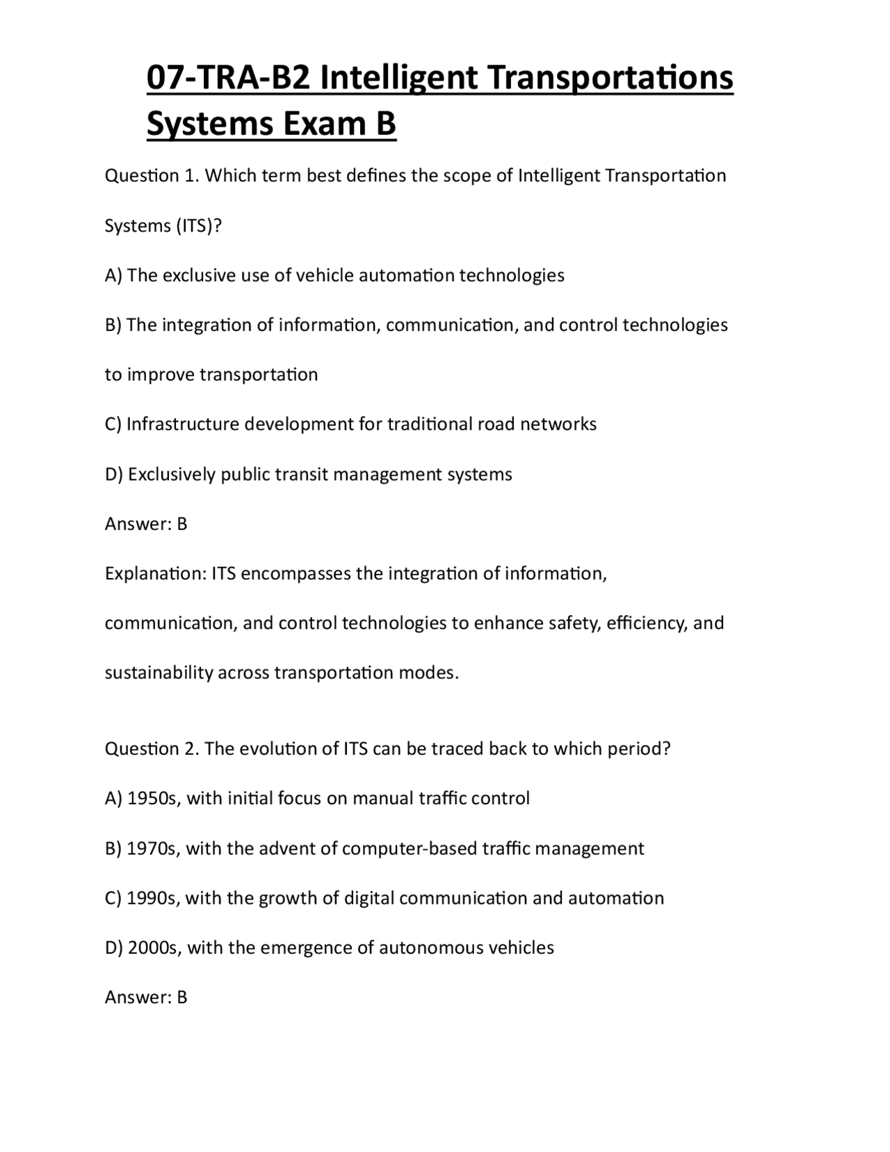 07-TRA-B2 Intelligent Transportations Systems Exam B | Exams Technology ...