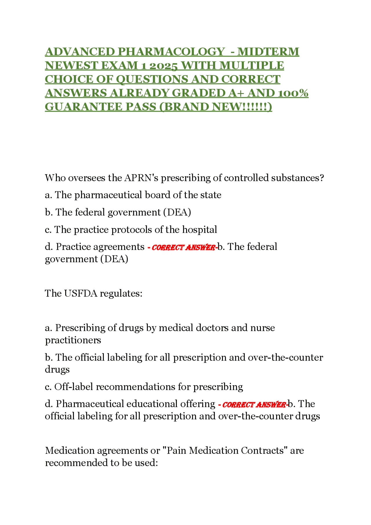 Advanced Pharmacology Exam 1 (2025) - Multiple Choice Questions ...
