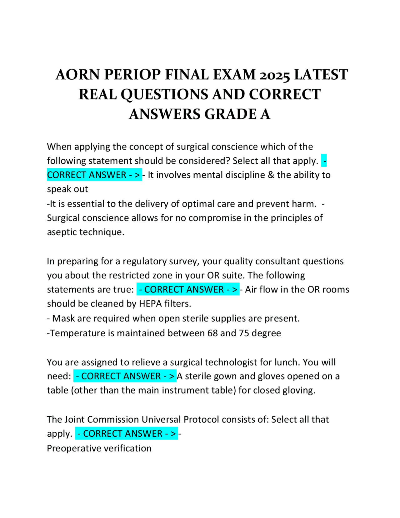 AORN PERIOP FINAL EXAM 2025 LATEST REAL QUESTIONS AND CORRECT ANSWERS ...