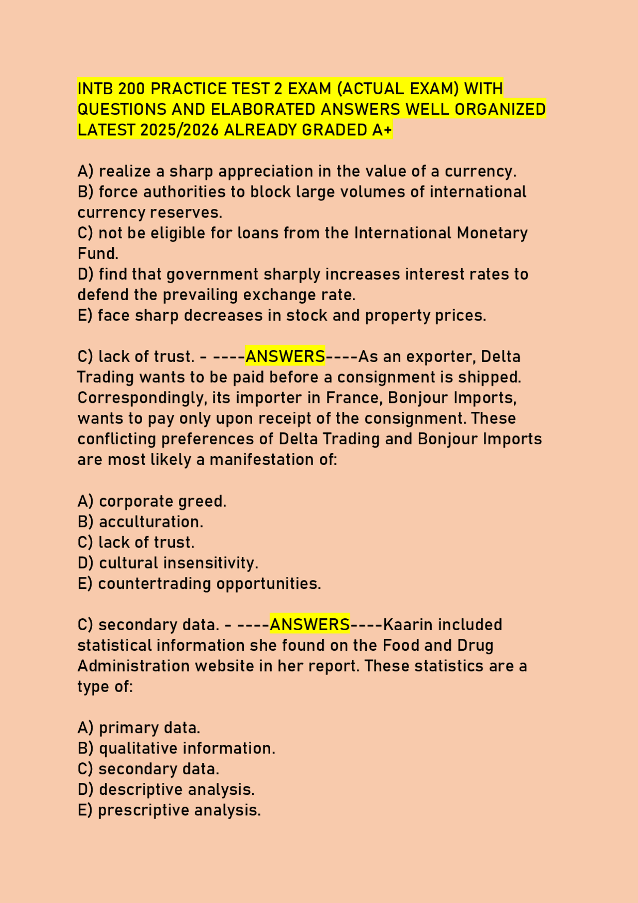 INTB 200 PRACTICE TEST 2 EXAM (ACTUAL EXAM) WITH QUESTIONS AND ...