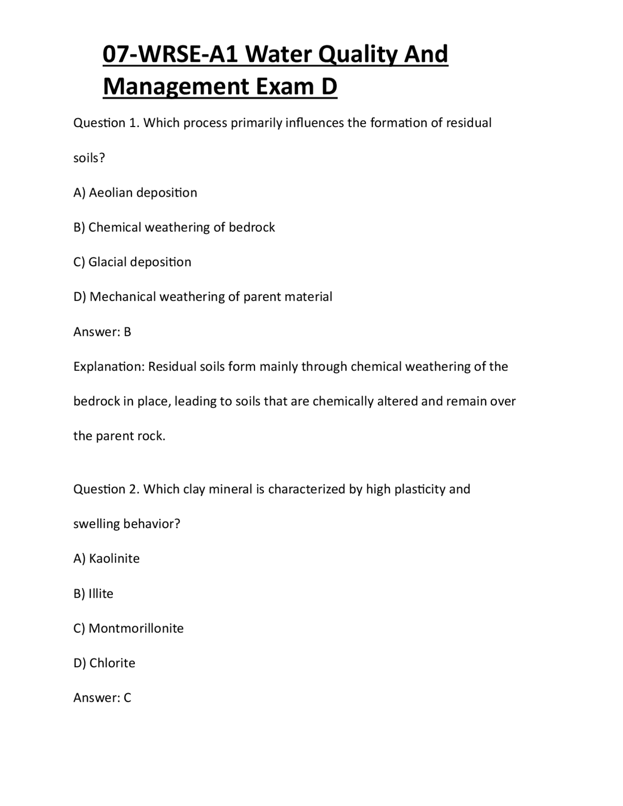 Wrse 07-WRSE-A1 Water Quality And Management Exam D | Exams Technology | Docsity
