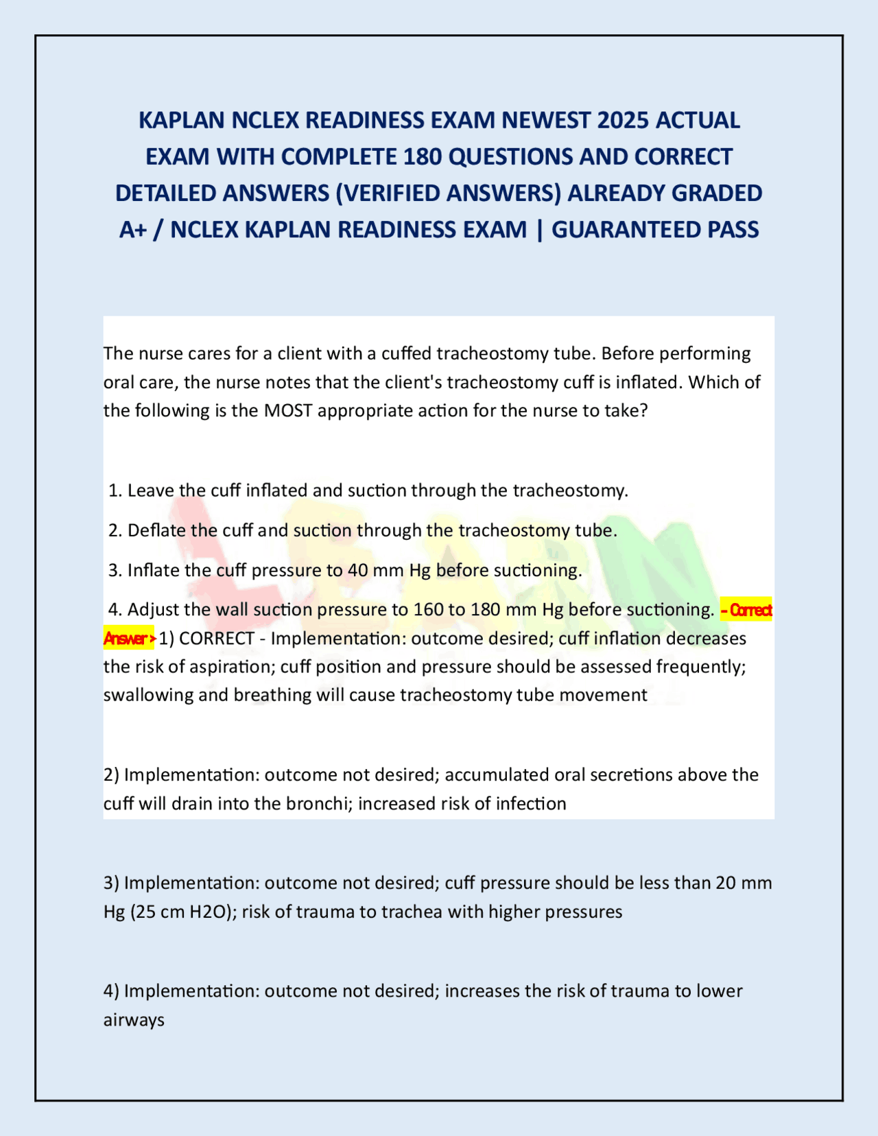 KAPLAN NCLEX READINESS EXAM NEWEST 2025 ACTUAL EXAM WITH COMPLETE 180 ...