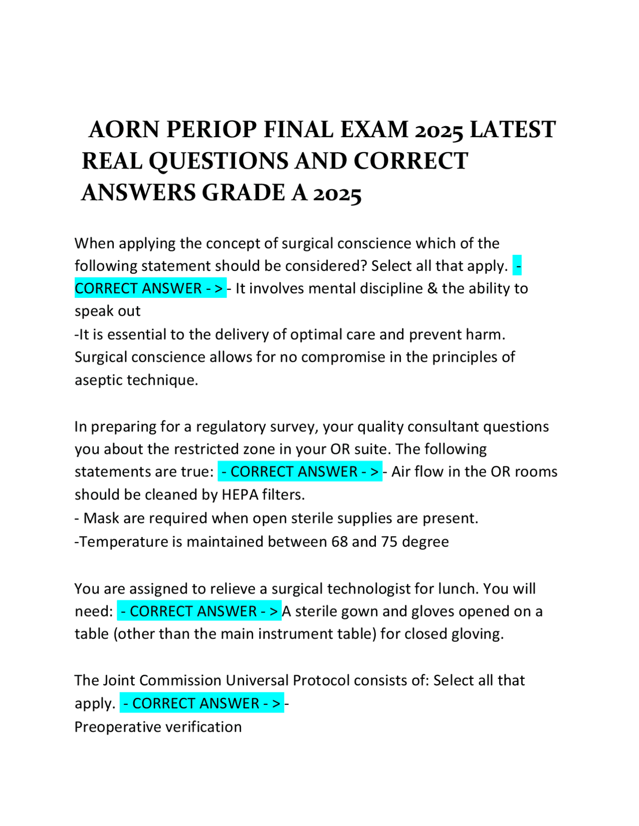 AORN PERIOP FINAL EXAM 2025 LATEST REAL QUESTIONS AND CORRECT ANSWERS ...