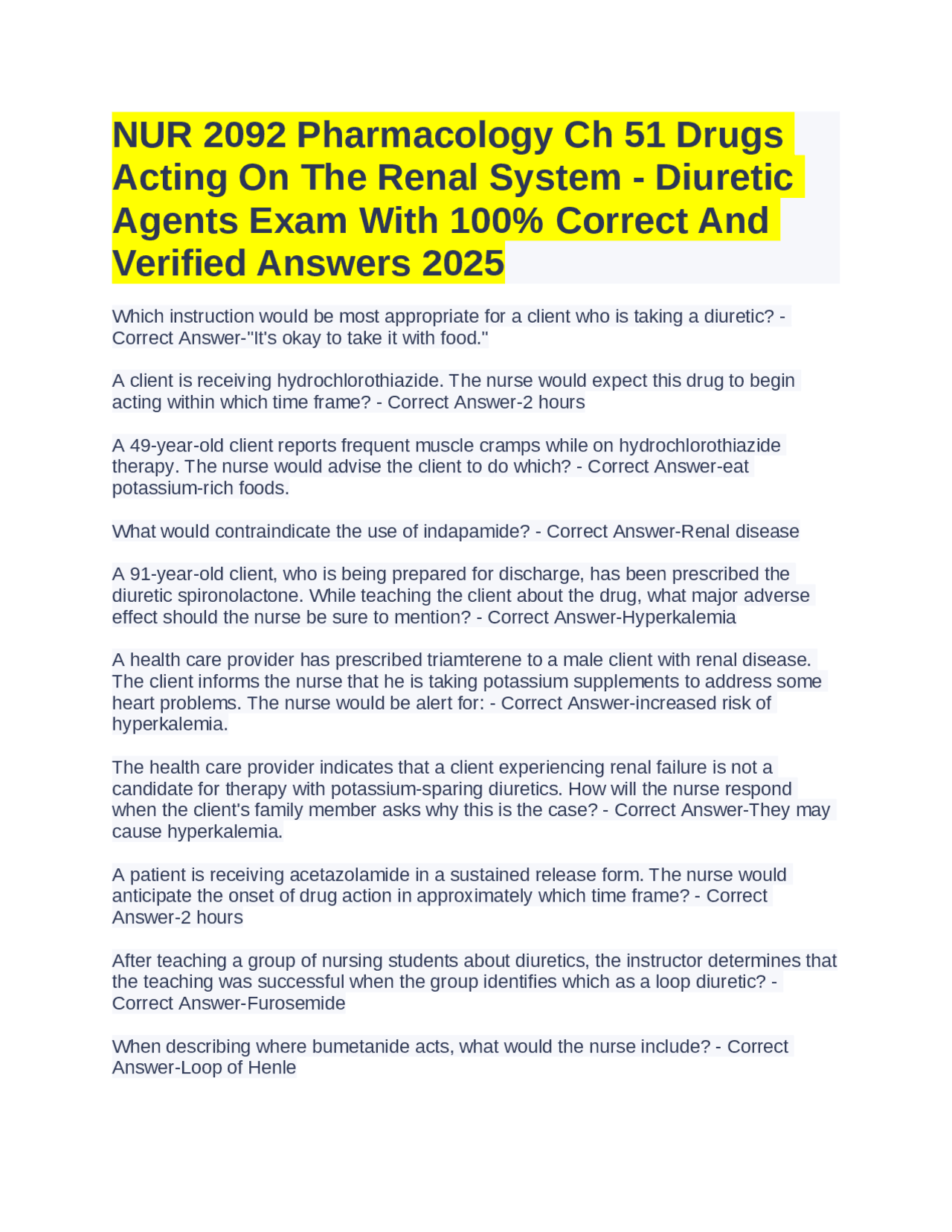 NUR 2092 Pharmacology Ch 51 Drugs Acting On The Renal System - Diuretic ...