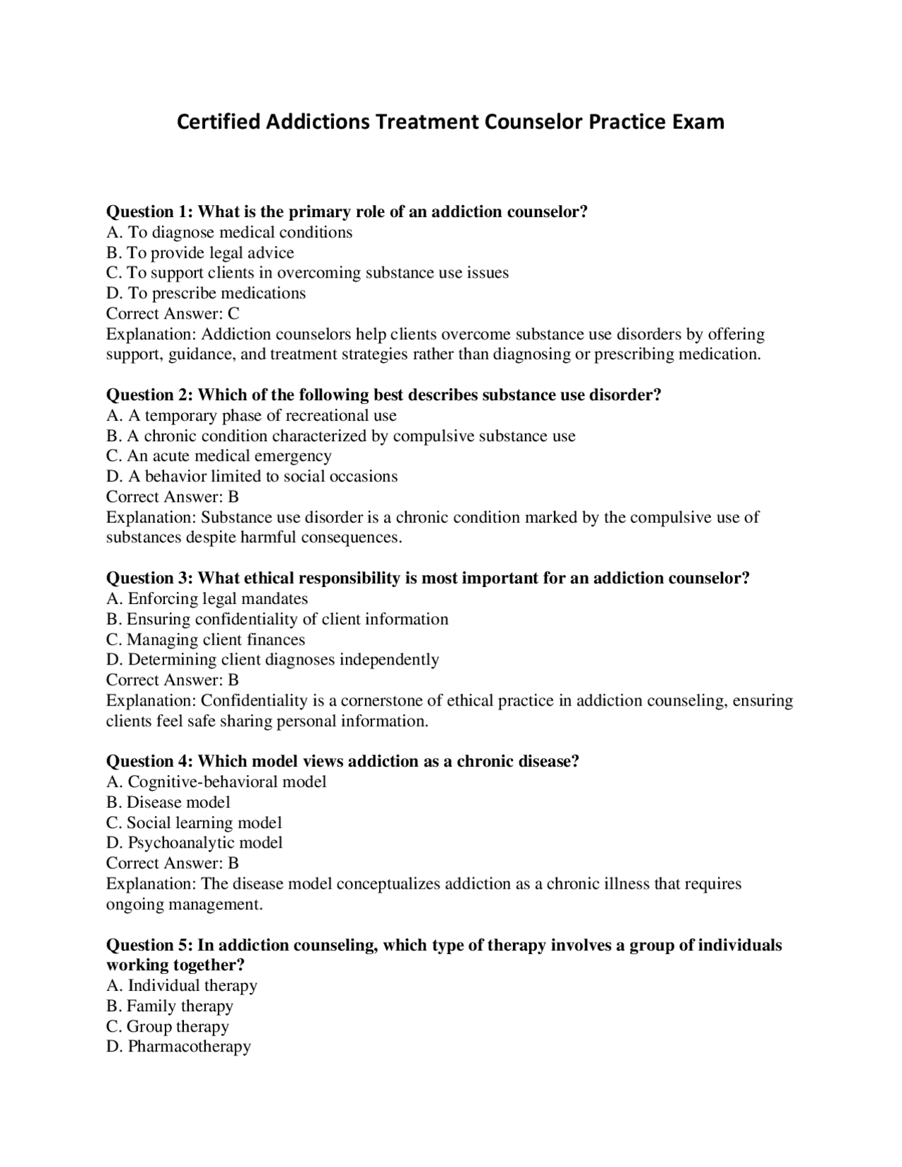 Certified Addictions Treatment Counselor Exam | Exams Technology | Docsity