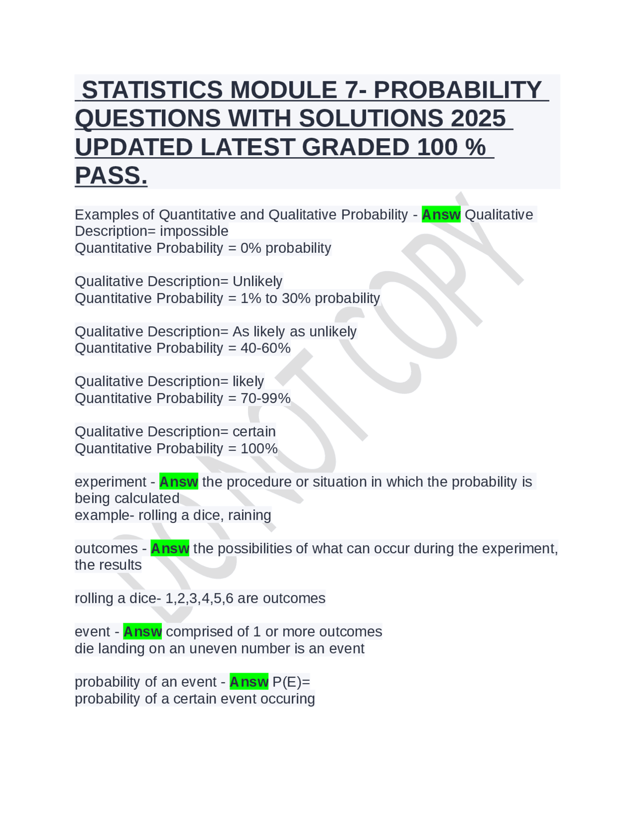 STATISTICS MODULE 7- PROBABILITY QUESTIONS WITH SOLUTIONS 2025 UPDATED ...