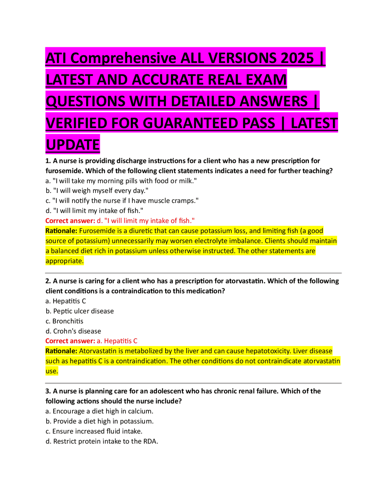 ATI Comprehensive ALL VERSIONS 2025 | LATEST AND ACCURATE REAL EXAM ...