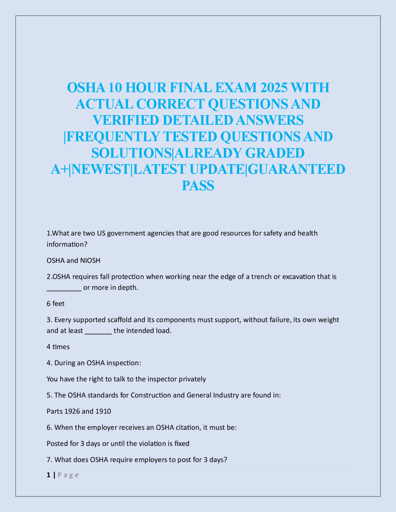 OSHA 10 HOUR FINAL EXAM 2025 | Exams Construction Procedures | Docsity
