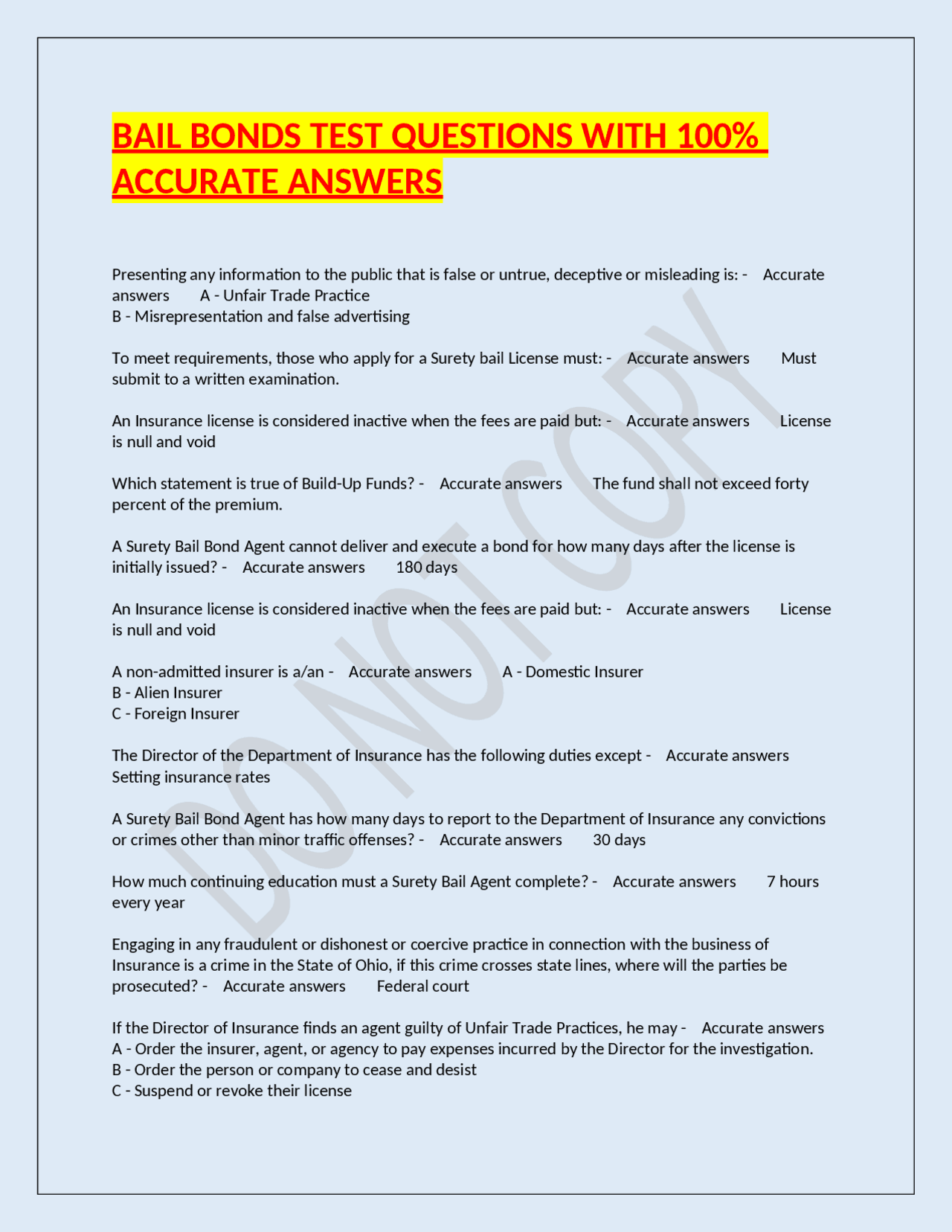 Bail Bonds – Test Questions with 100% Accurate Answers – U.S. Legal ...