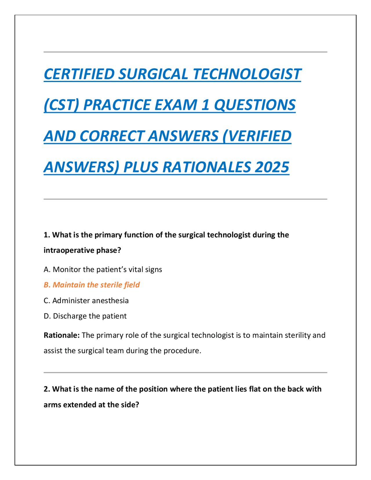 Cst Verification Example CERTIFIED SURGICAL TECHNOLOGIST (CST) PRACTICE EXAM 1 QUESTIONS AND ...