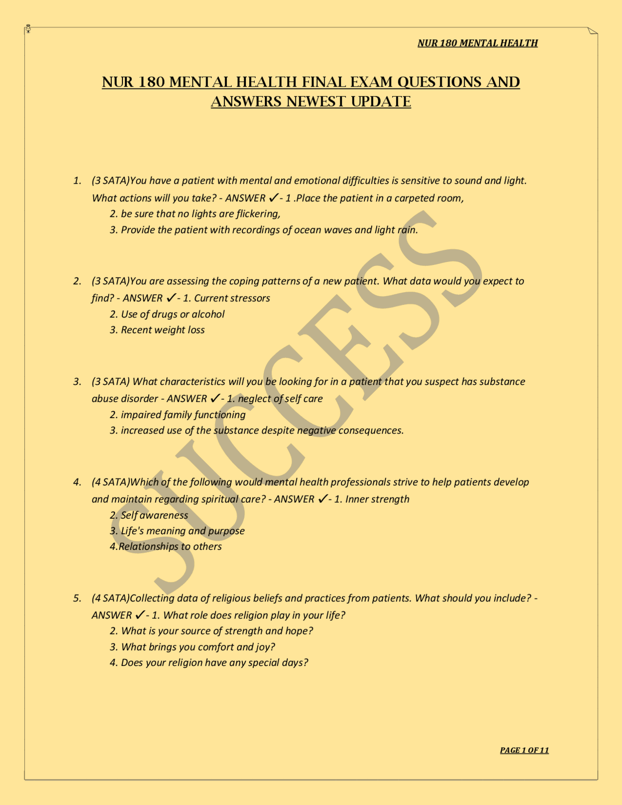 NUR 180 MENTAL HEALTH FINAL EXAM QUESTIONS AND ANSWERS NEWEST UPDATE ...
