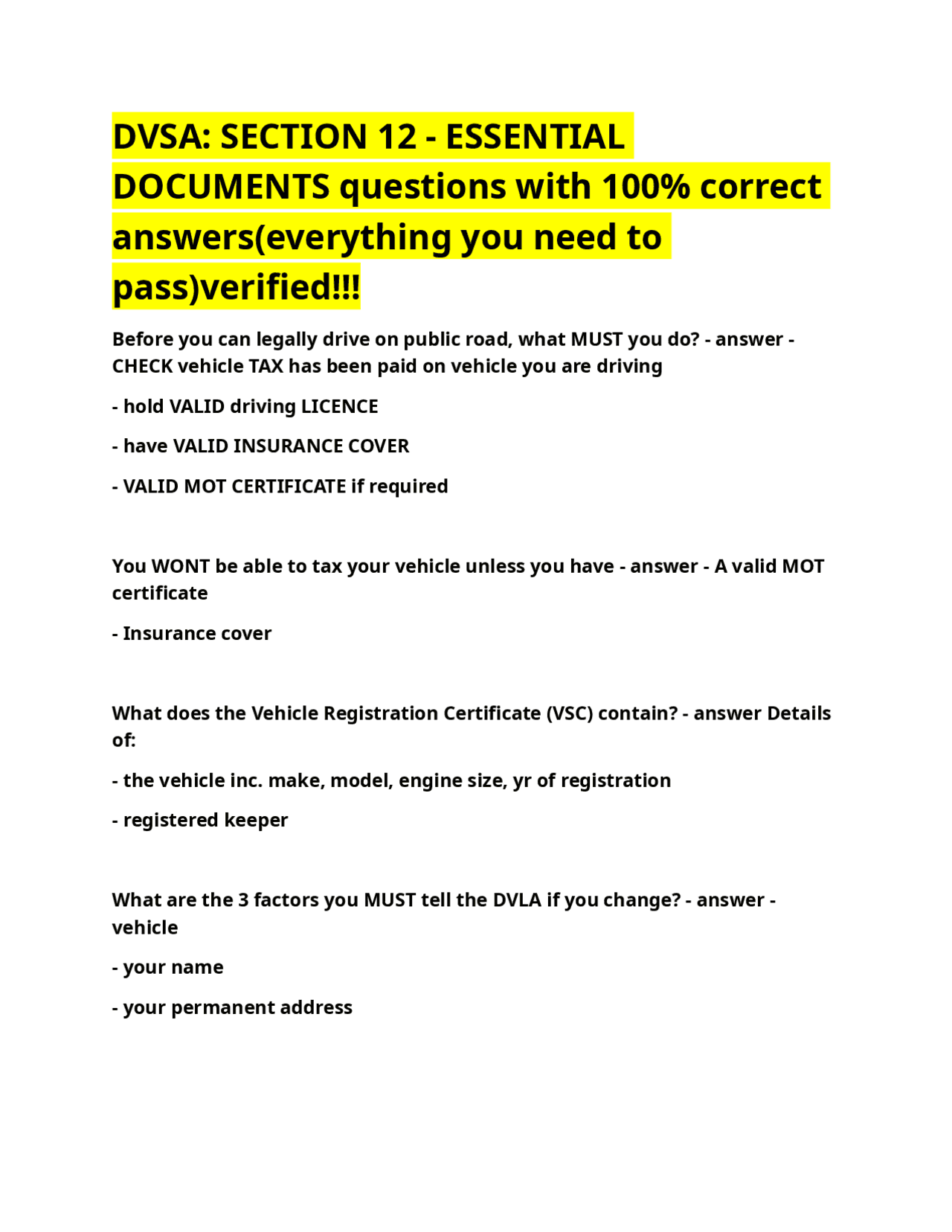 DVSA SECTION 12 - ESSENTIAL DOCUMENTS questions with 100% correct ...