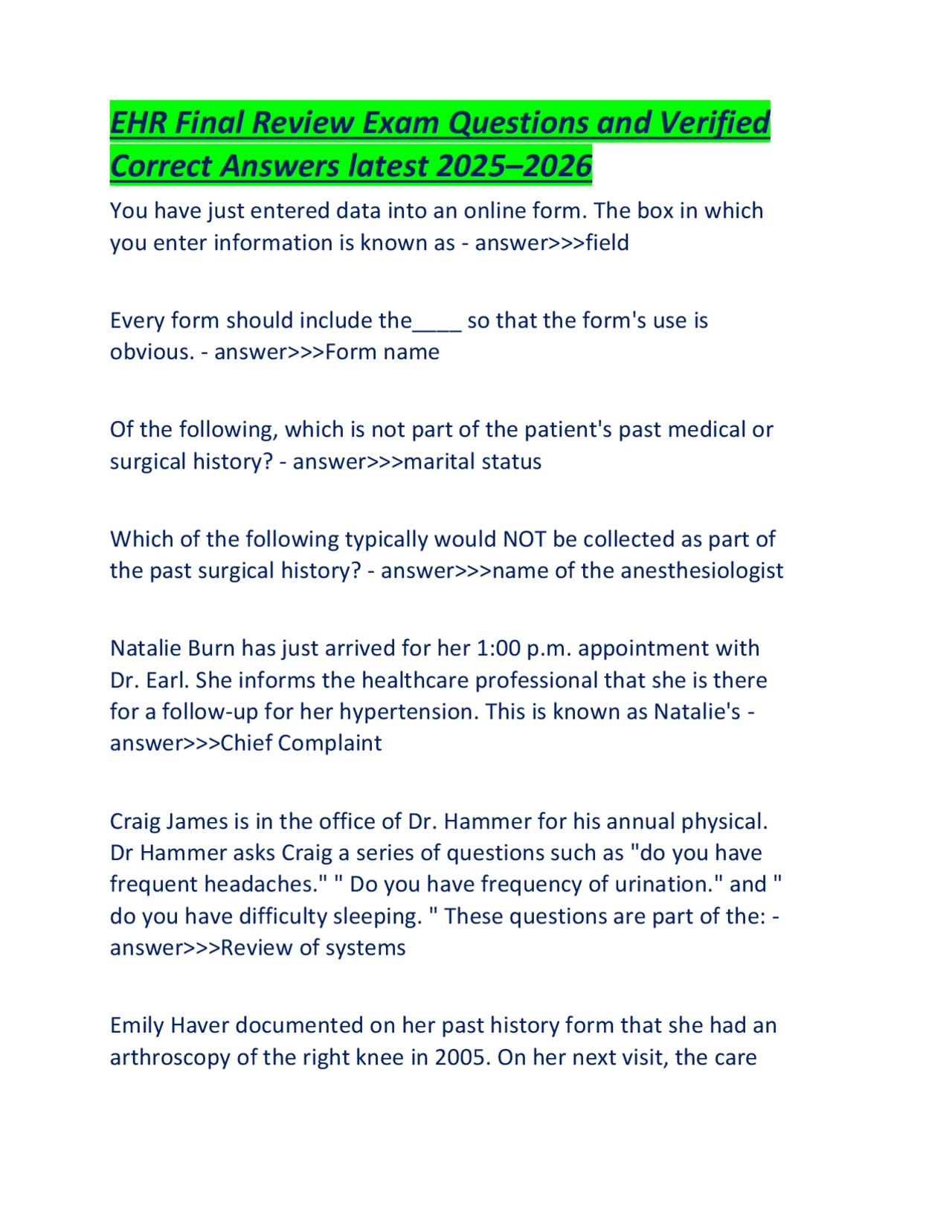 EHR Final Review Exam Questions and Verified Correct Answers latest ...