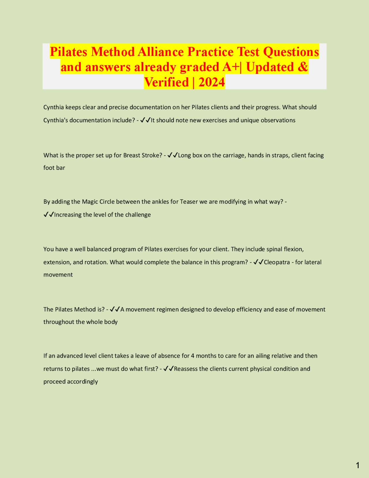 Pilates Method Alliance Practice Test Questions and answers already graded A+| Updated &amp; | Exams ...