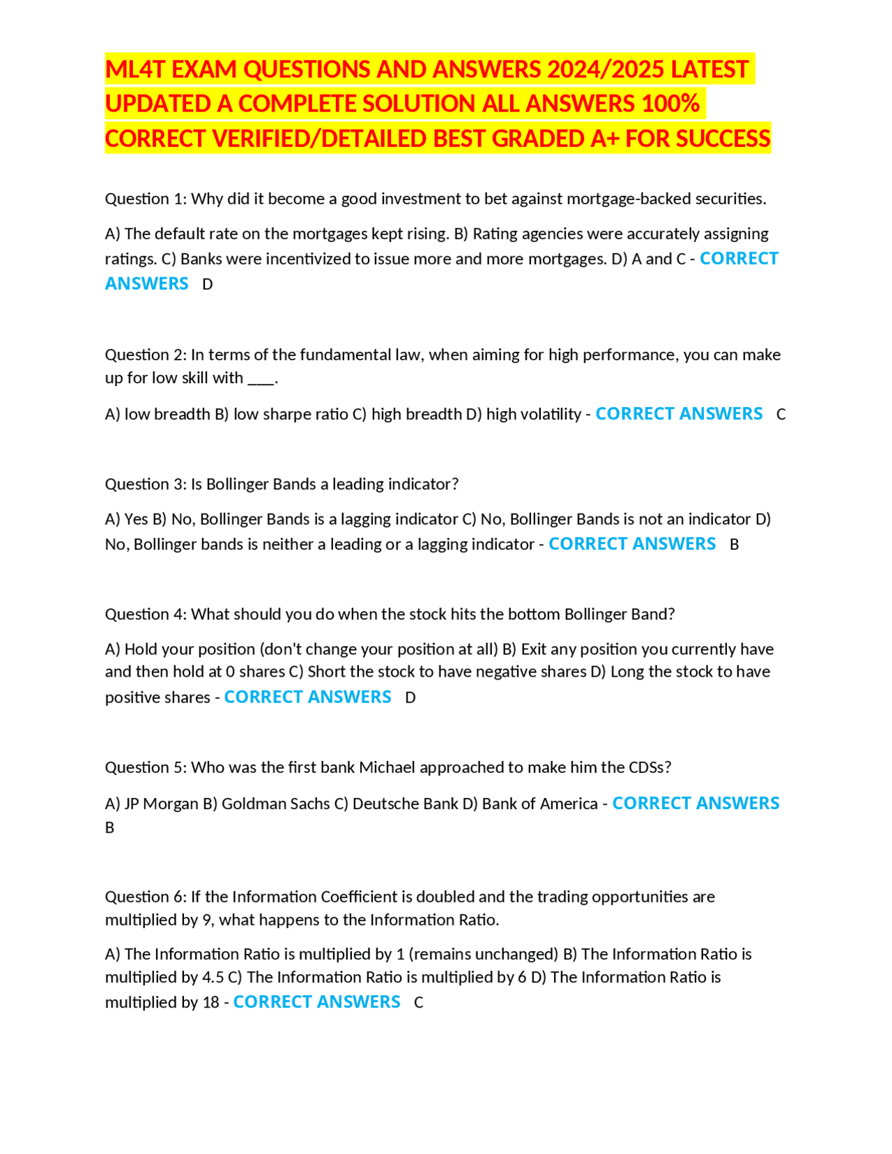 ML4T EXAM QUESTIONS AND ANSWERS 2024/2025 LATEST UPDATED A COMPLETE ...