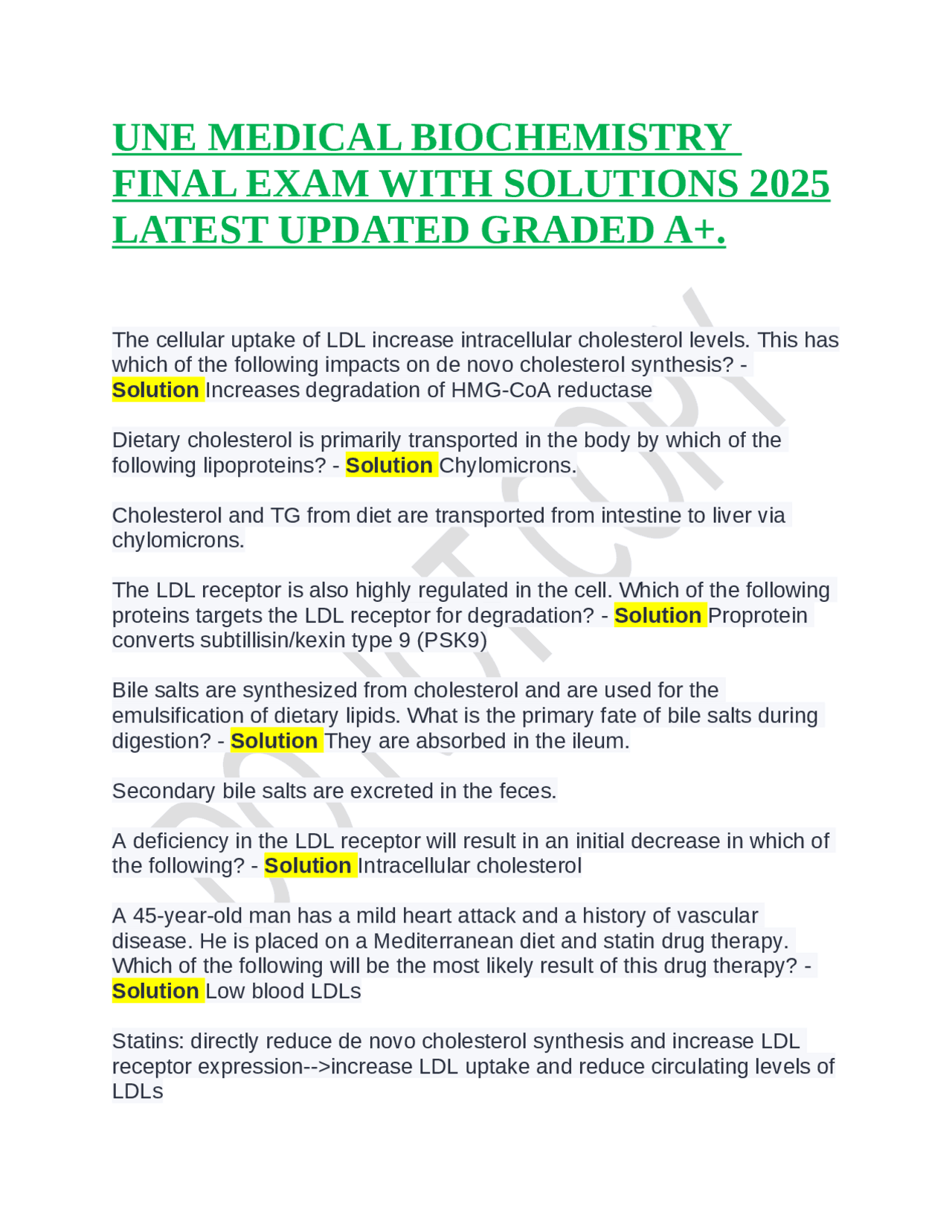 Medical Biochemistry Final Exam with Solutions | Lipid Metabolism ...