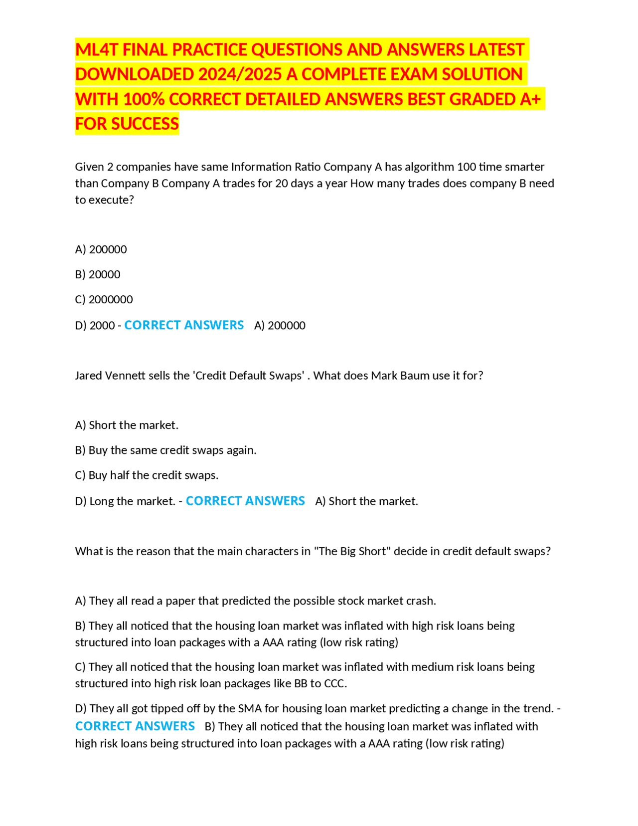 ML4T FINAL PRACTICE QUESTIONS AND ANSWERS LATEST DOWNLOADED 2024/2025 A ...