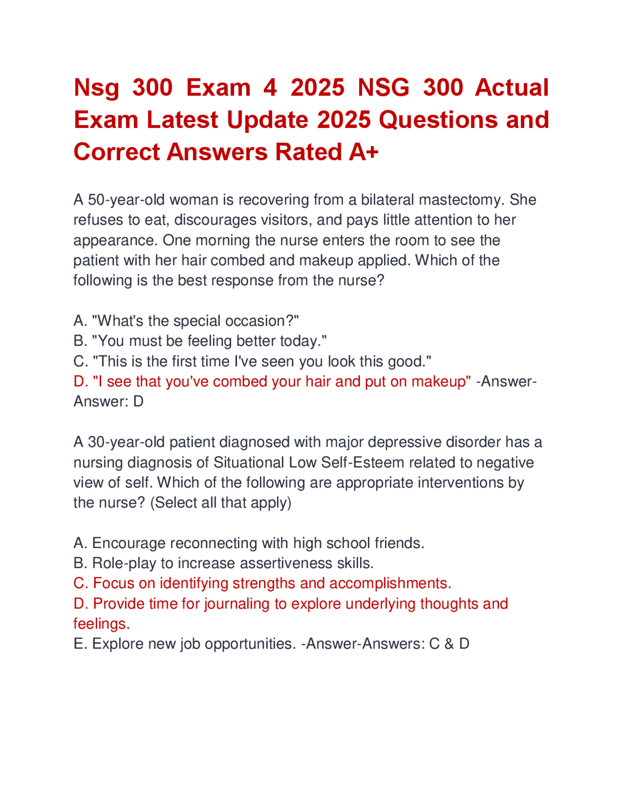 Nsg 300 Exam 4 2025 NSG 300 Actual Exam Latest Update 2025 Questions ...
