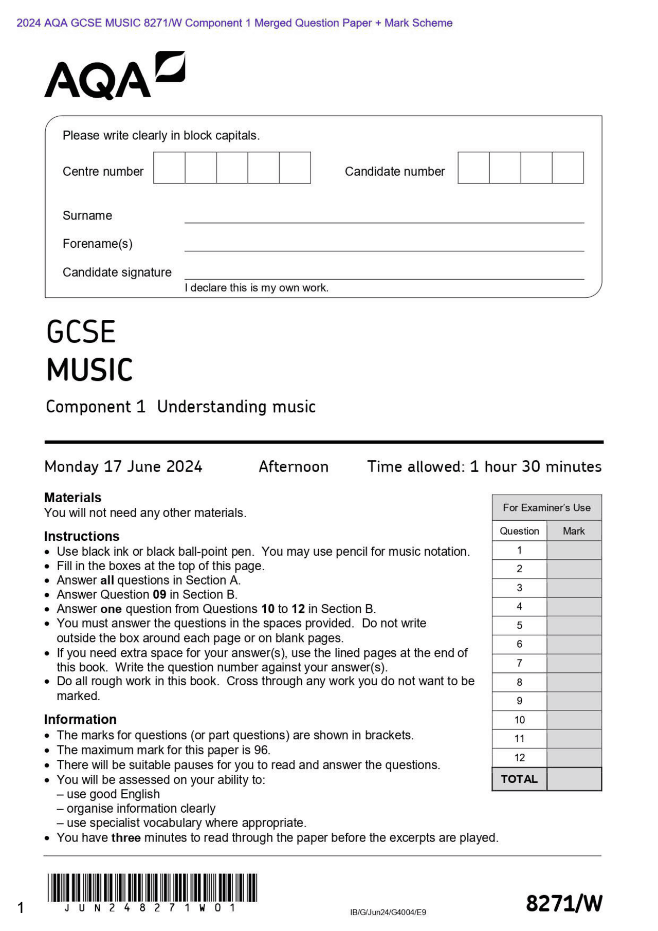 2024 AQA GCSE MUSIC 8271/W Component 1 Merged Question Paper + Mark ...