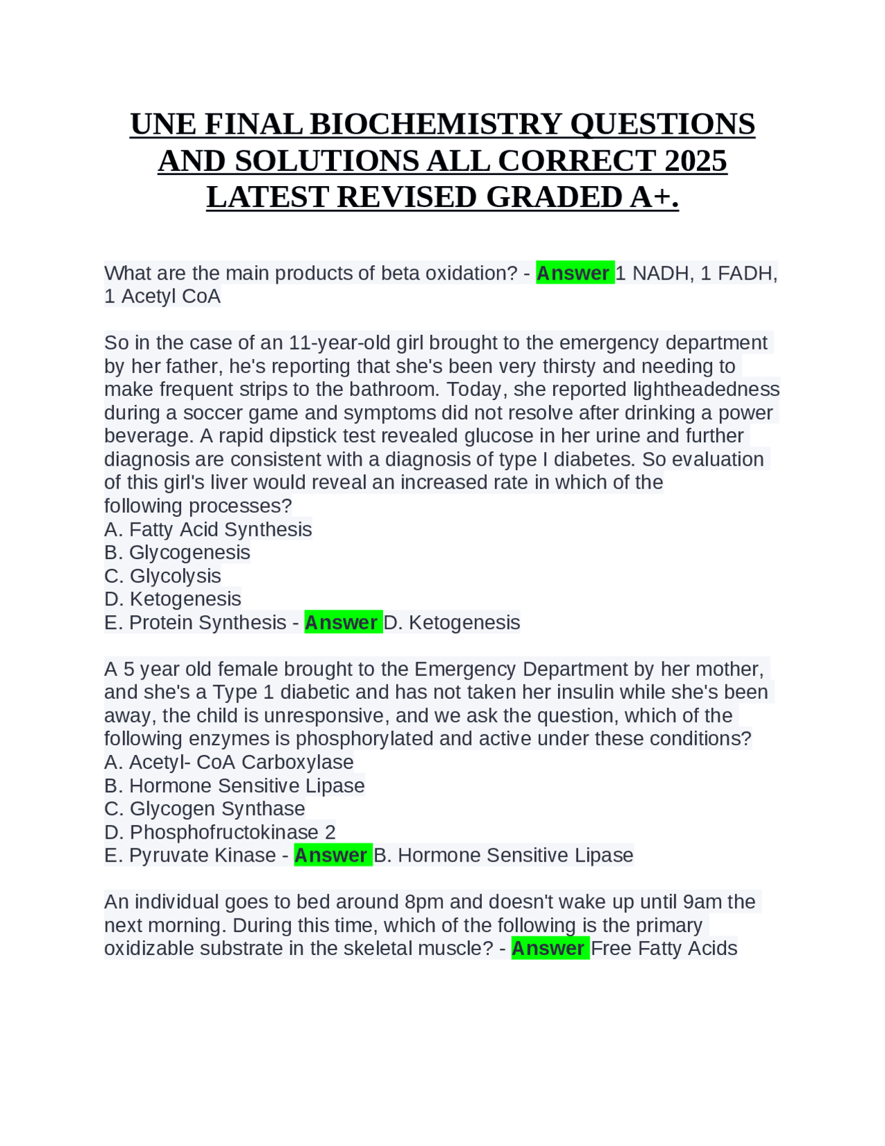 UNE FINAL BIOCHEMISTRY QUESTIONS AND SOLUTIONS ALL CORRECT 2025 LATEST ...