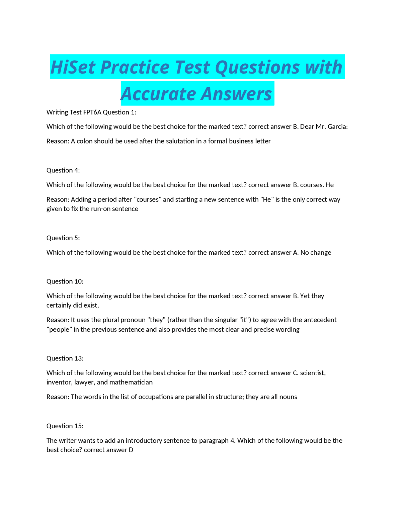 HiSet Practice Test Questions with Accurate Answers | Exams Literature ...