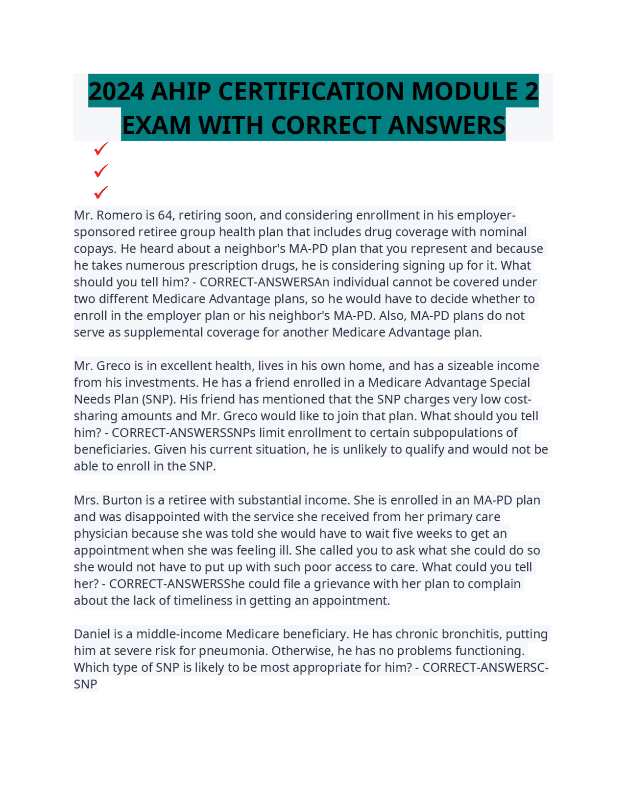 2024 AHIP CERTIFICATION MODULE 2 EXAM WITH CORRECT ANSWERS | Exams ...