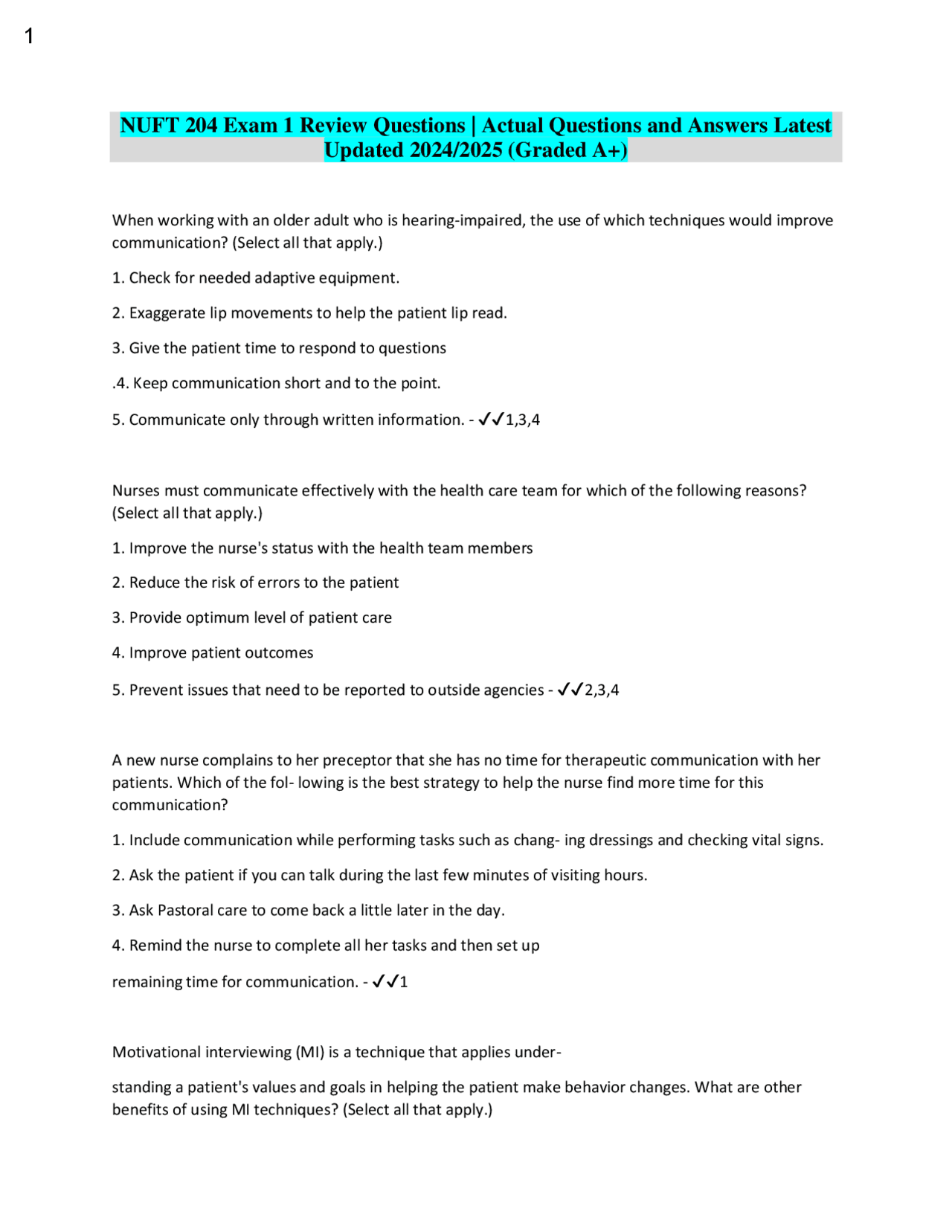 NUFT 204 Exam 1 Review Questions | Actual Questions and Answers Latest ...