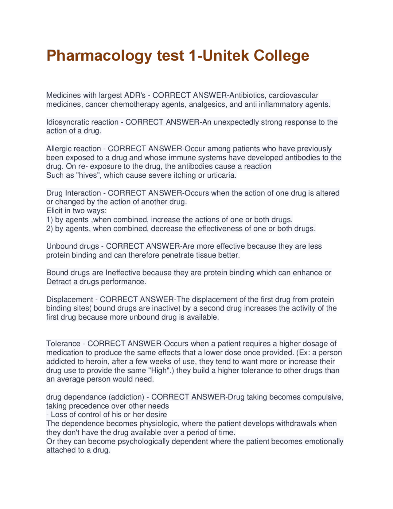 Pharmacology test 1-Unitek College Questions And Answers With Complete ...