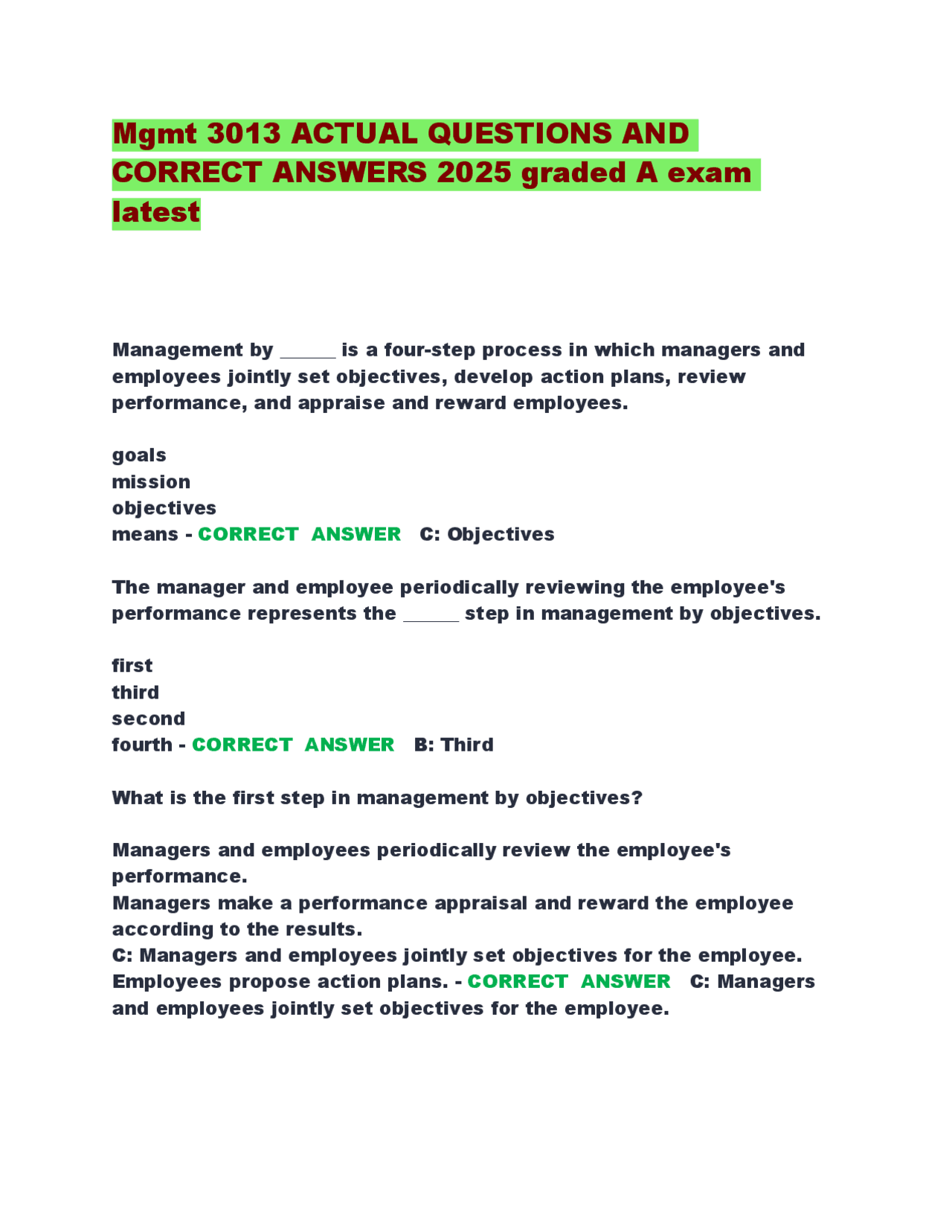Mgmt 3013 ACTUAL QUESTIONS AND CORRECT ANSWERS 2025 graded A exam ...