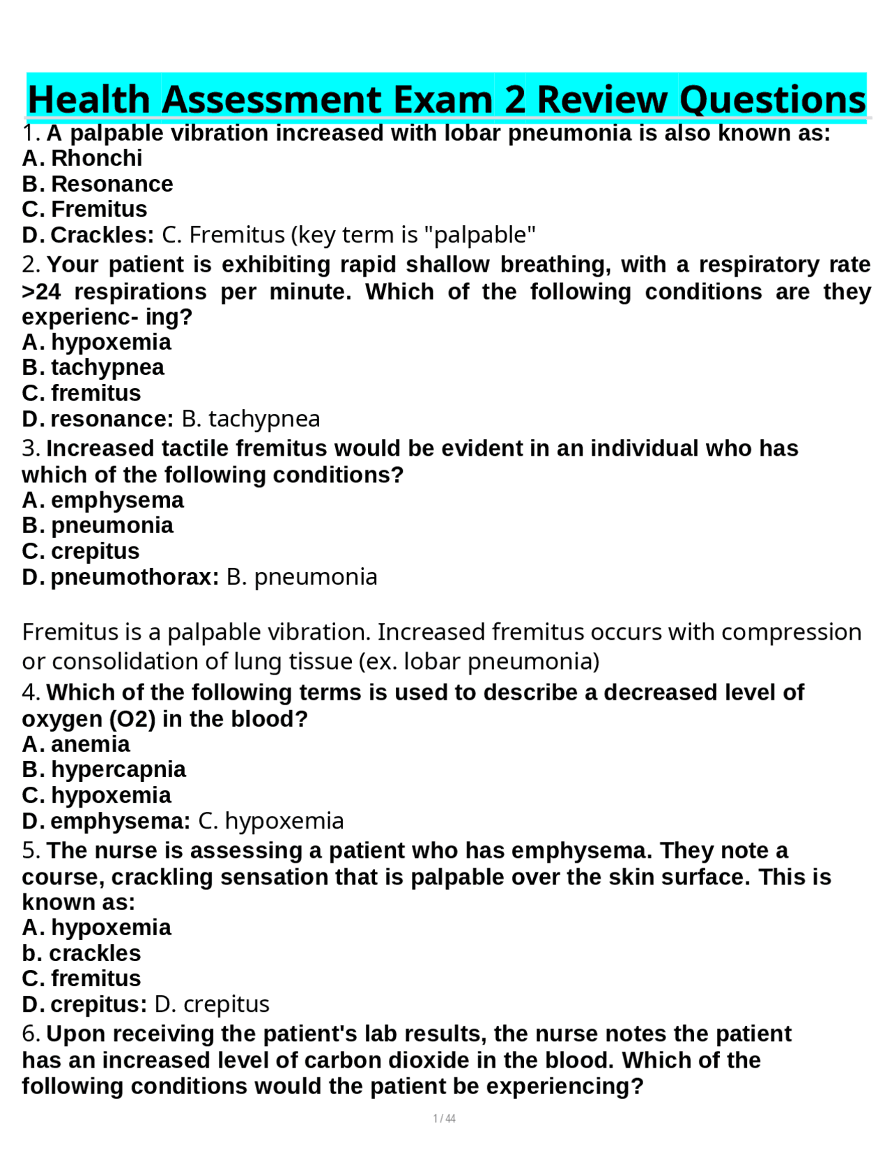 Health Assessment Exam 2 Review Questions | Exams Nursing | Docsity